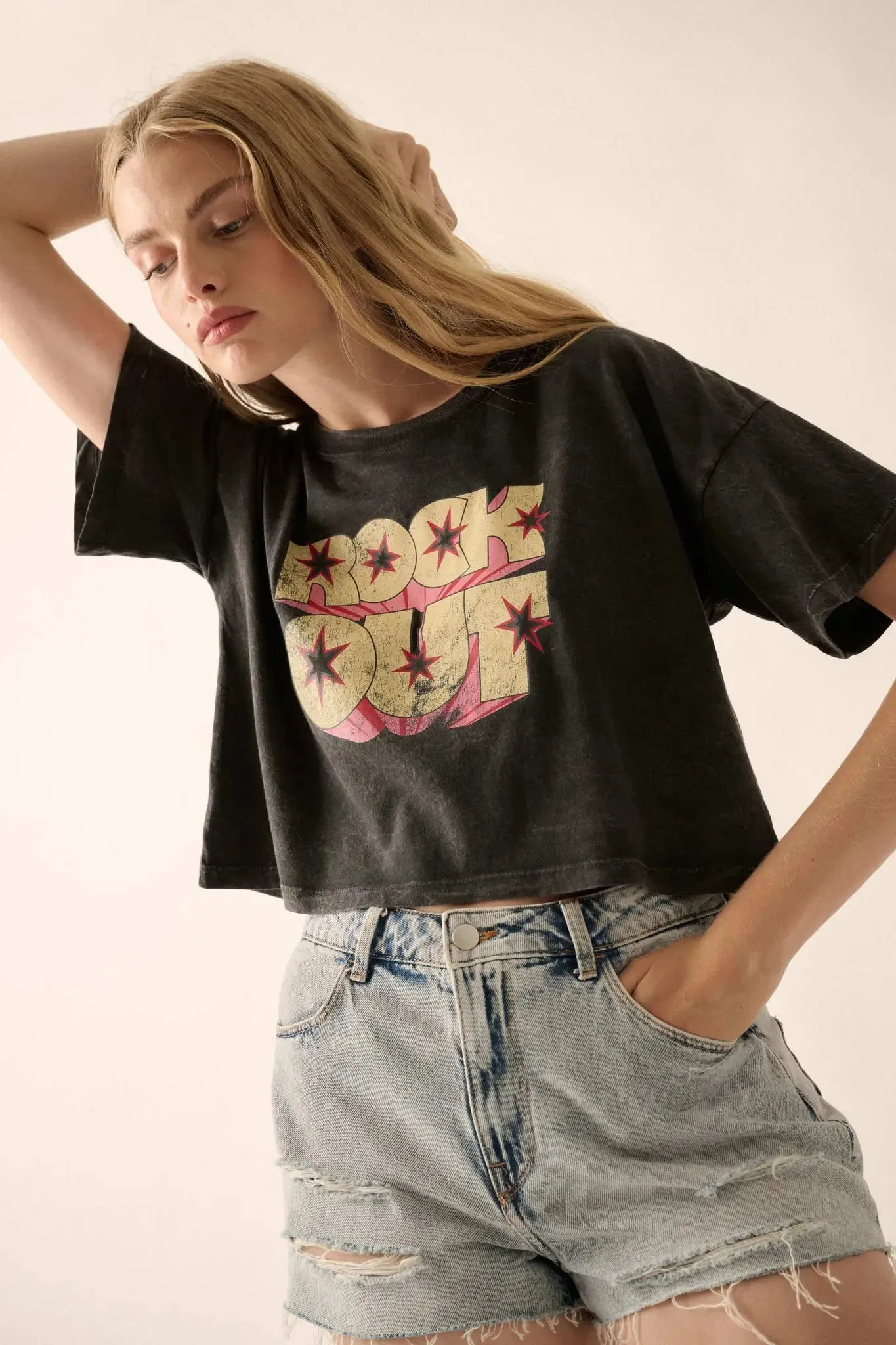 Rock Out Cropped Vintage-Wash Graphic Tee sold by Promesa product image thumbnail 3
