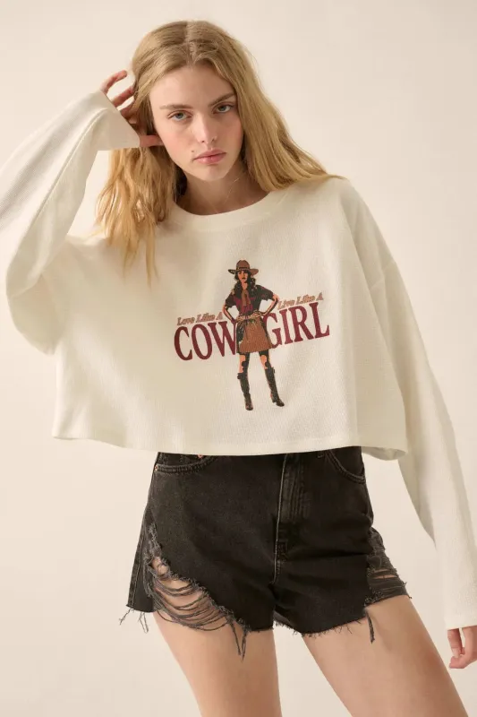 Cowgirl Life Cropped Thermal Graphic Top sold by Promesa