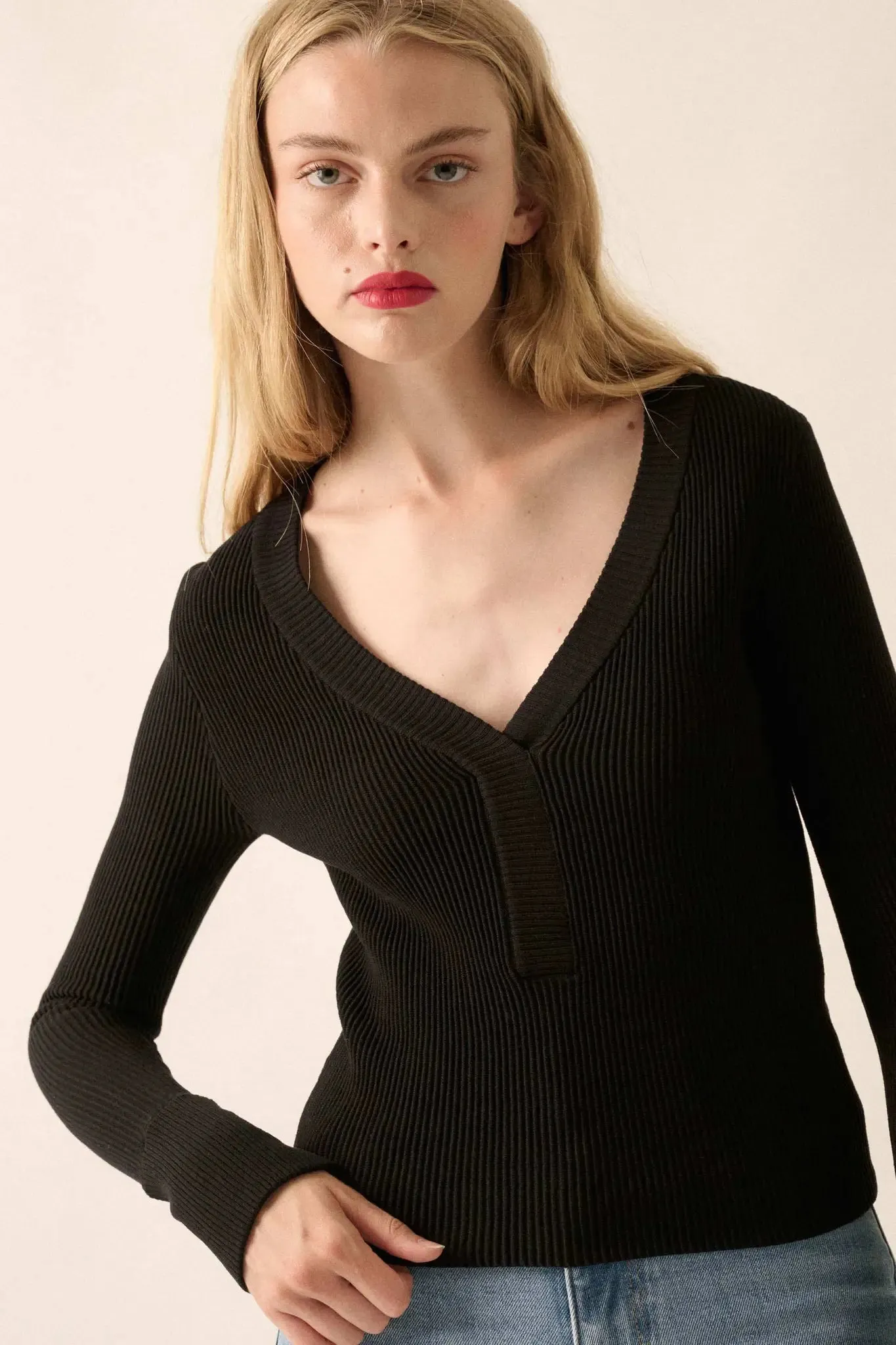 Shaper Fit Rib-Knit Split-Neck Long-Sleeve Top sold by Promesa product image thumbnail 5