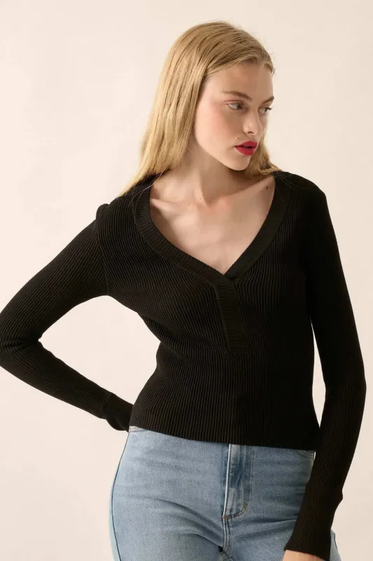 Shaper Fit Rib-Knit Split-Neck Long-Sleeve Top sold by Promesa