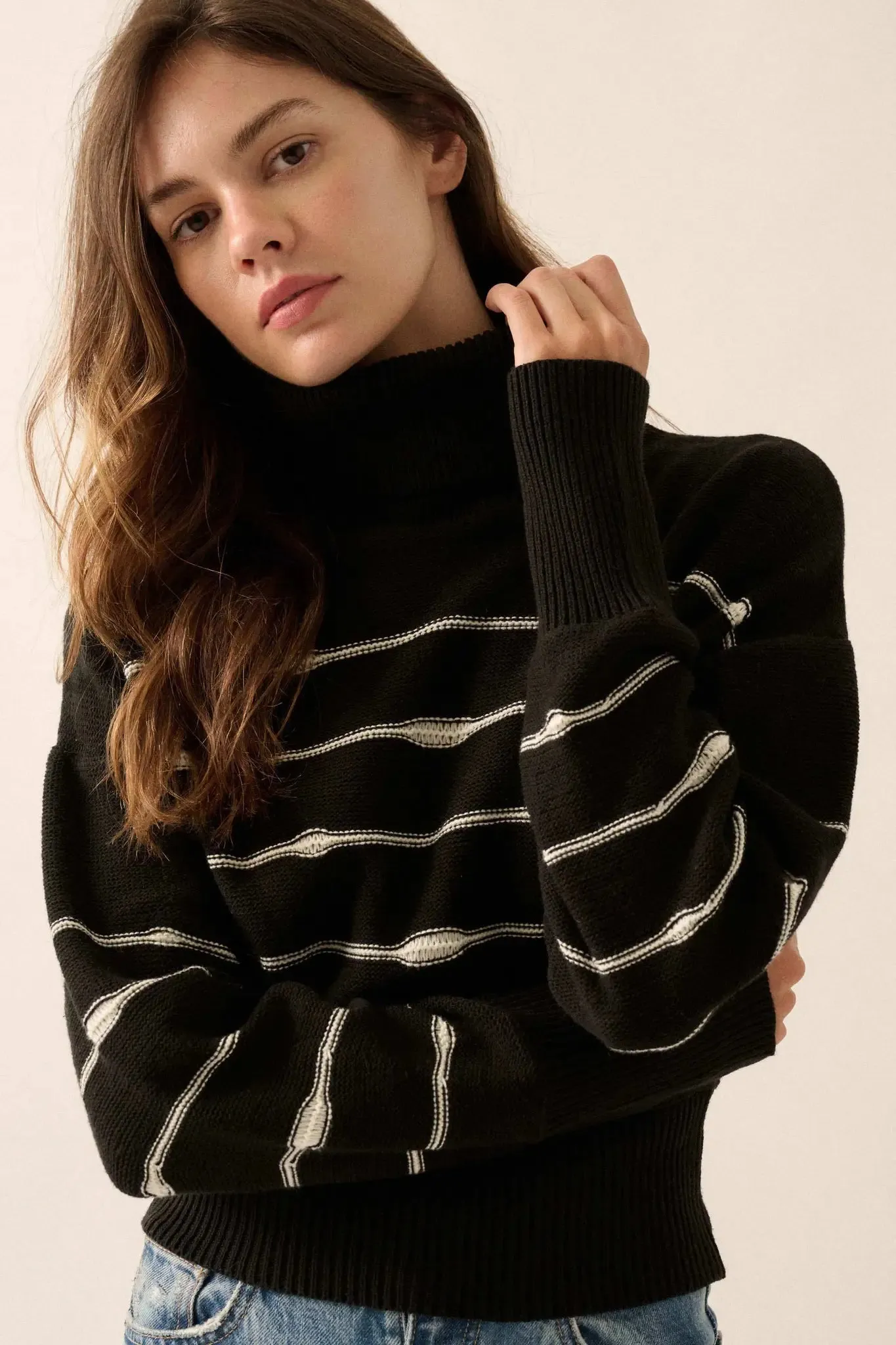 Draw the Line Striped Banded Turtleneck Sweater sold by Promesa