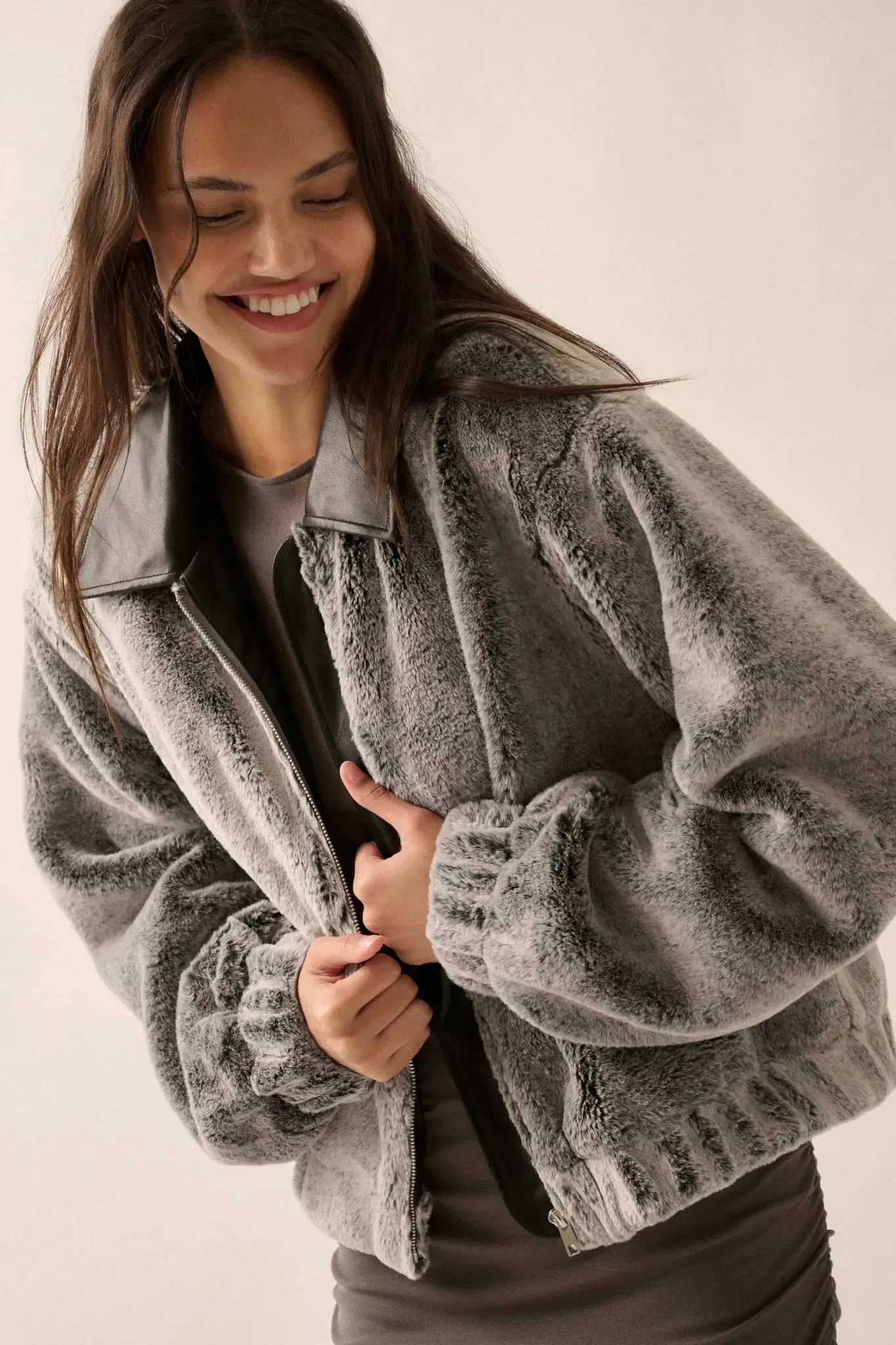 Just Fur You Zip-Up Collared Faux Fur Jacket sold by Promesa