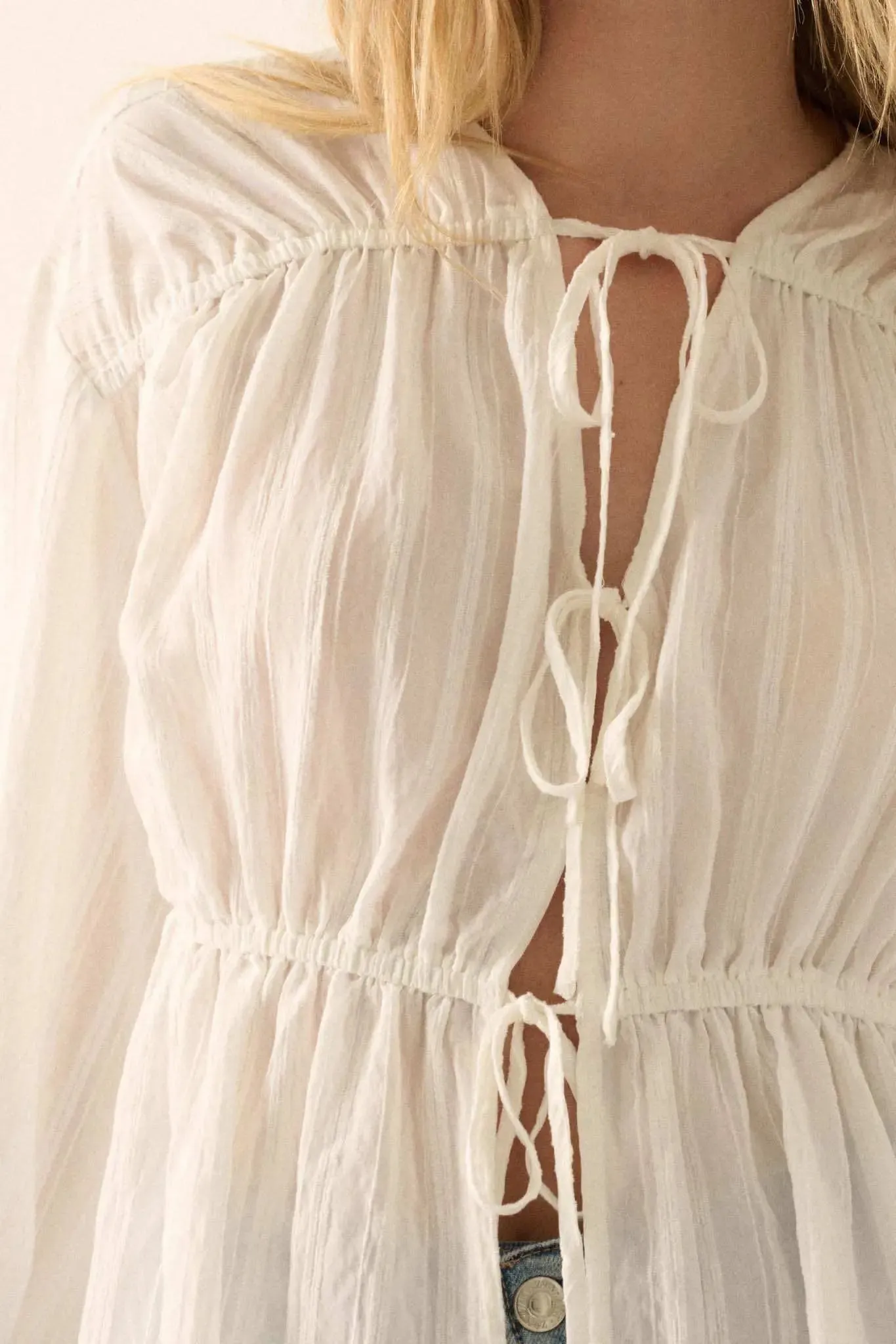 Treasured Beauty Tonal-Stripe Tie-Front Blouse sold by Promesa product image thumbnail 4