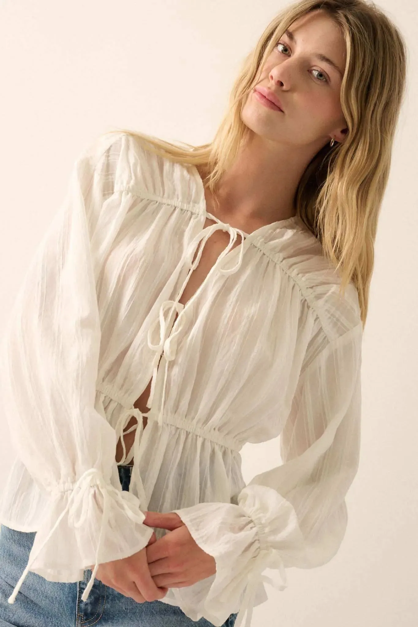 Treasured Beauty Tonal-Stripe Tie-Front Blouse sold by Promesa