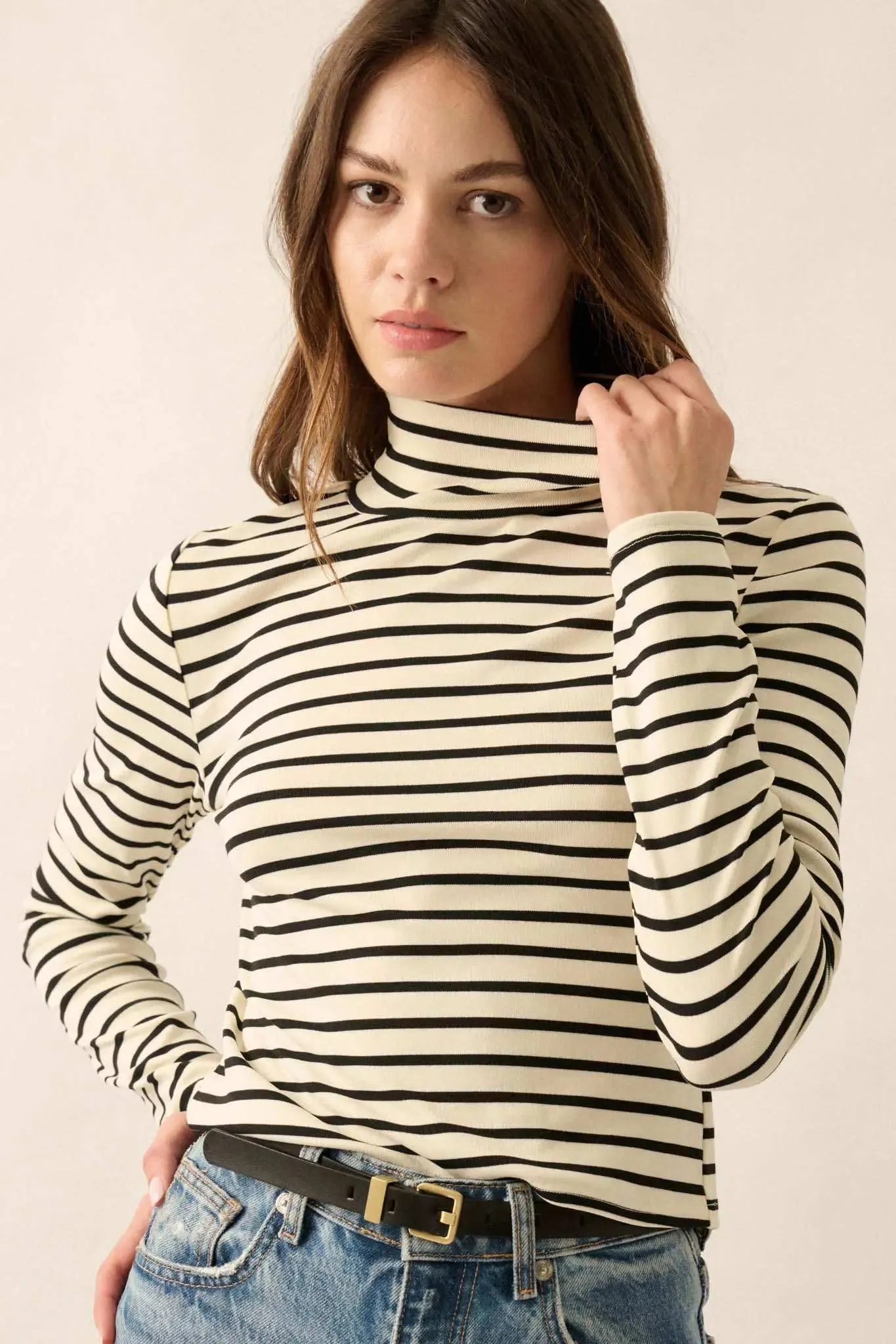 Inside the Lines Striped Mock-Neck Top sold by Promesa