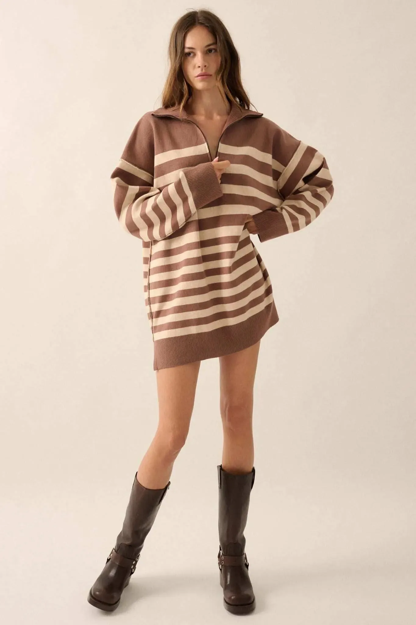 New Horizon Striped Half-Zip Mini Sweater Dress sold by Promesa