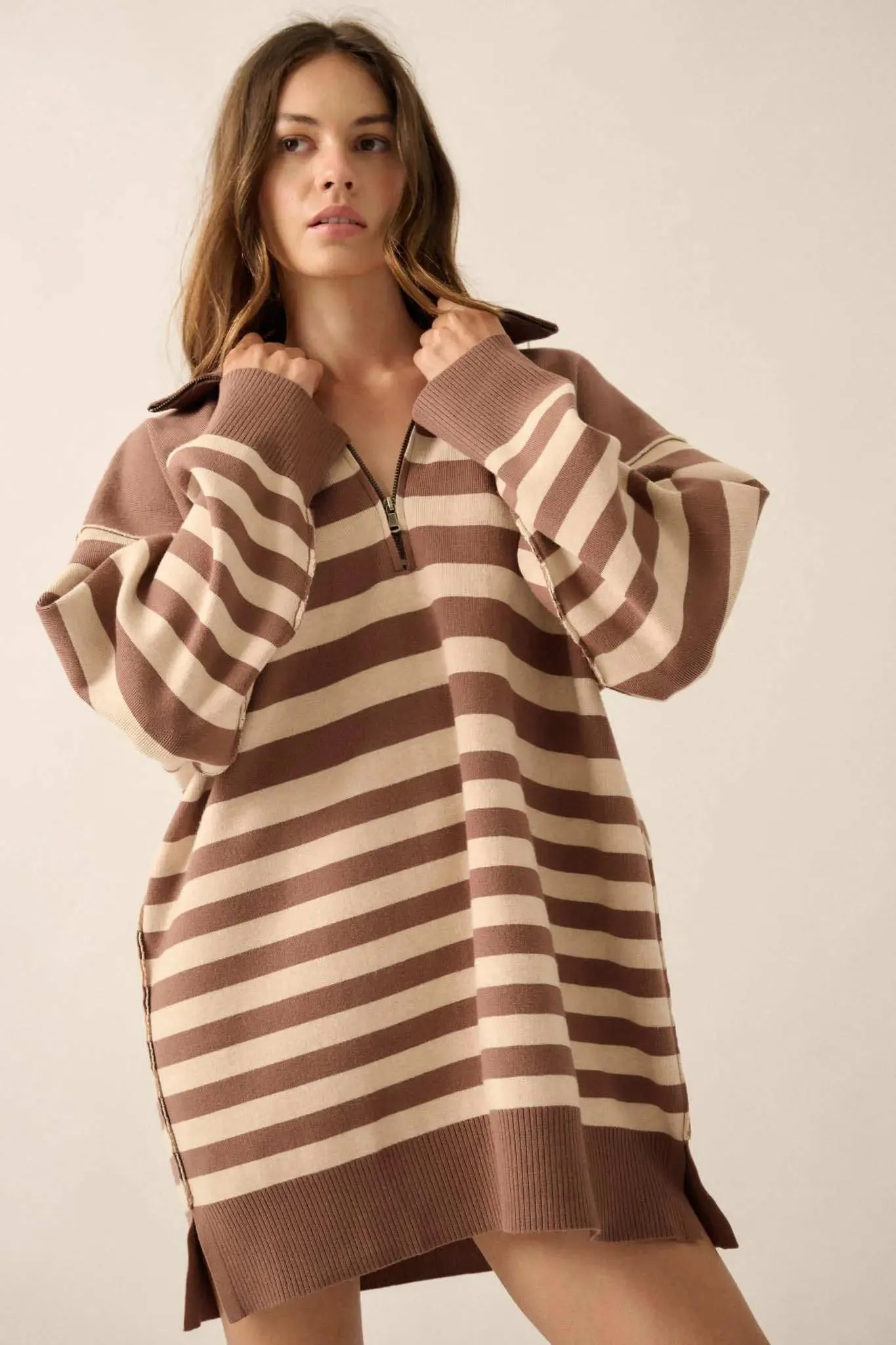 New Horizon Striped Half-Zip Mini Sweater Dress sold by Promesa product image thumbnail 3