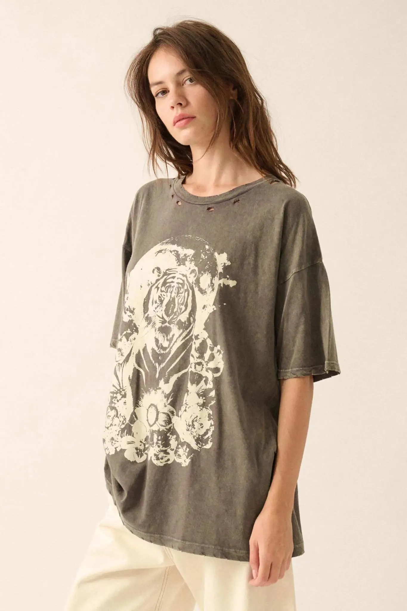 Tiger Moon Oversized Distressed Graphic Tee sold by Promesa product image thumbnail 5