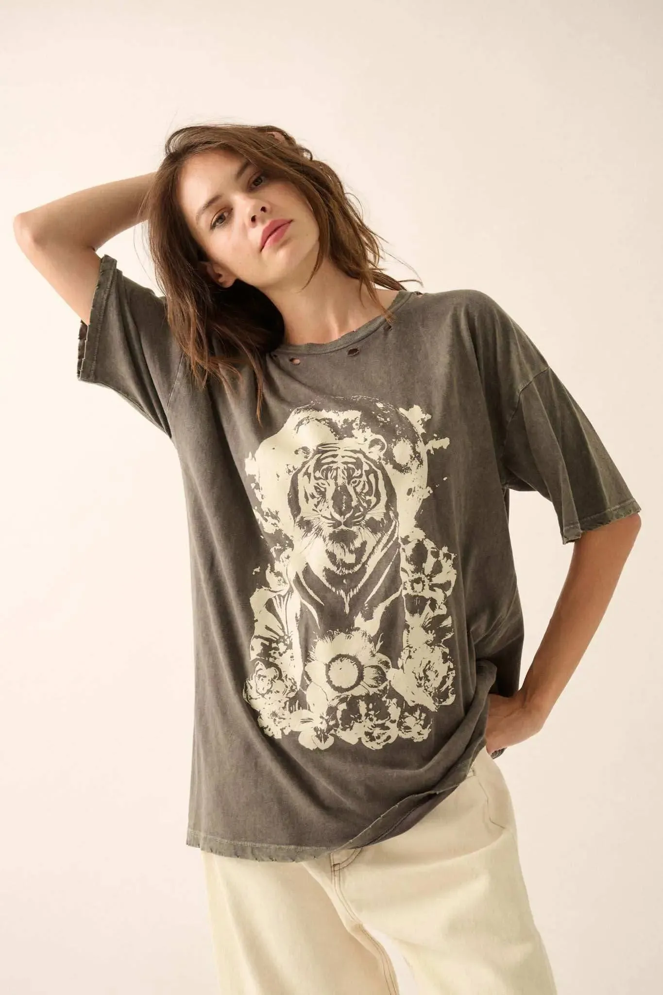 Tiger Moon Oversized Distressed Graphic Tee sold by Promesa