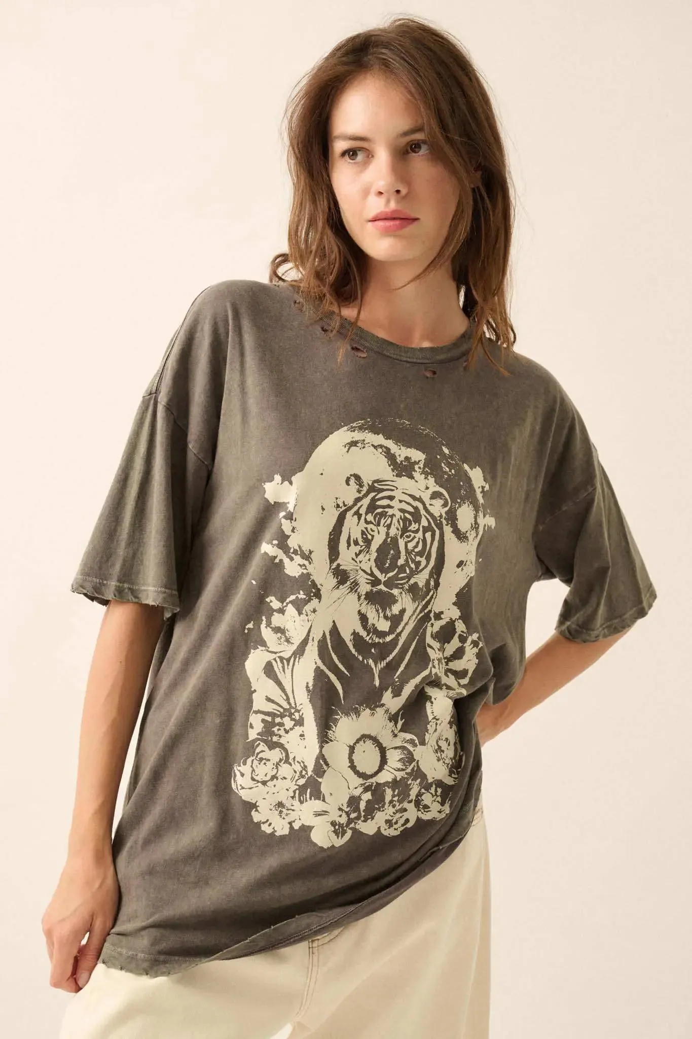 Tiger Moon Oversized Distressed Graphic Tee sold by Promesa product image thumbnail 4