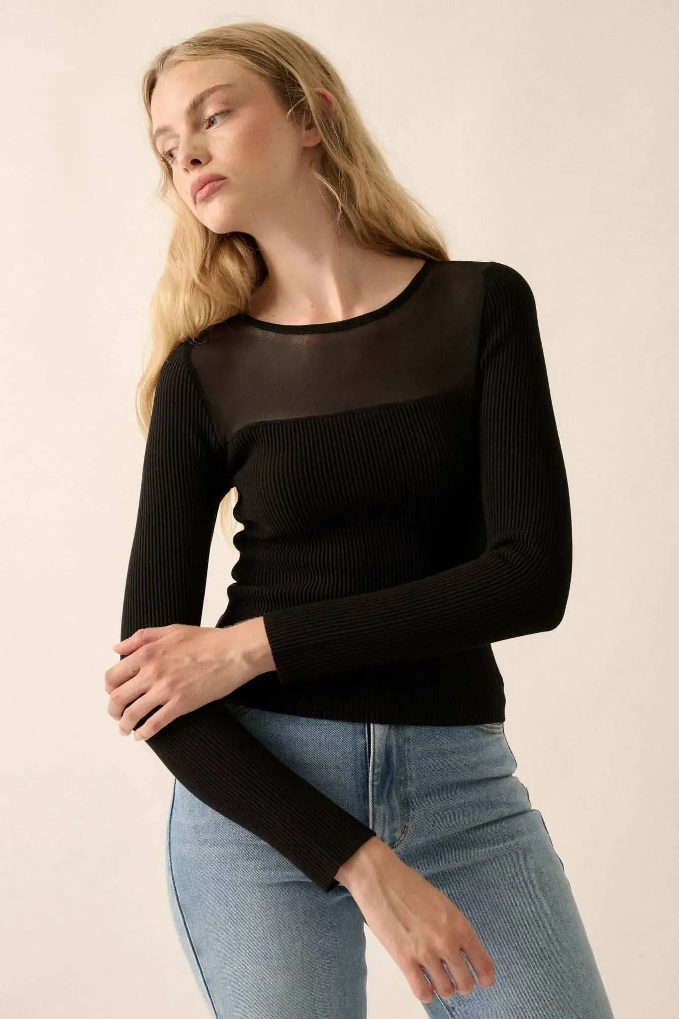 Shaper Fit Mesh Yoke Ribbed Knit Top sold by Promesa
