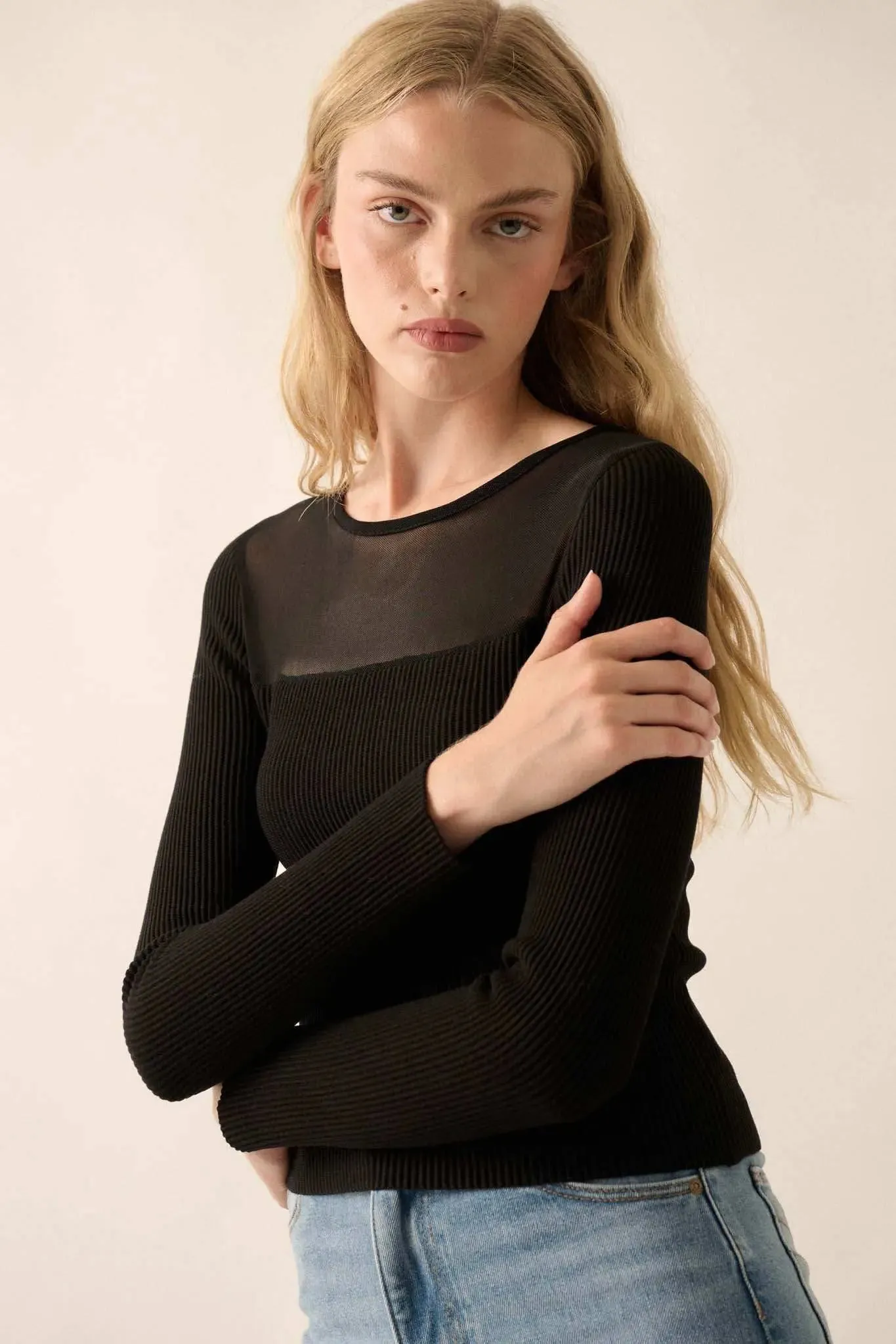 Shaper Fit Mesh Yoke Ribbed Knit Top sold by Promesa product image thumbnail 4