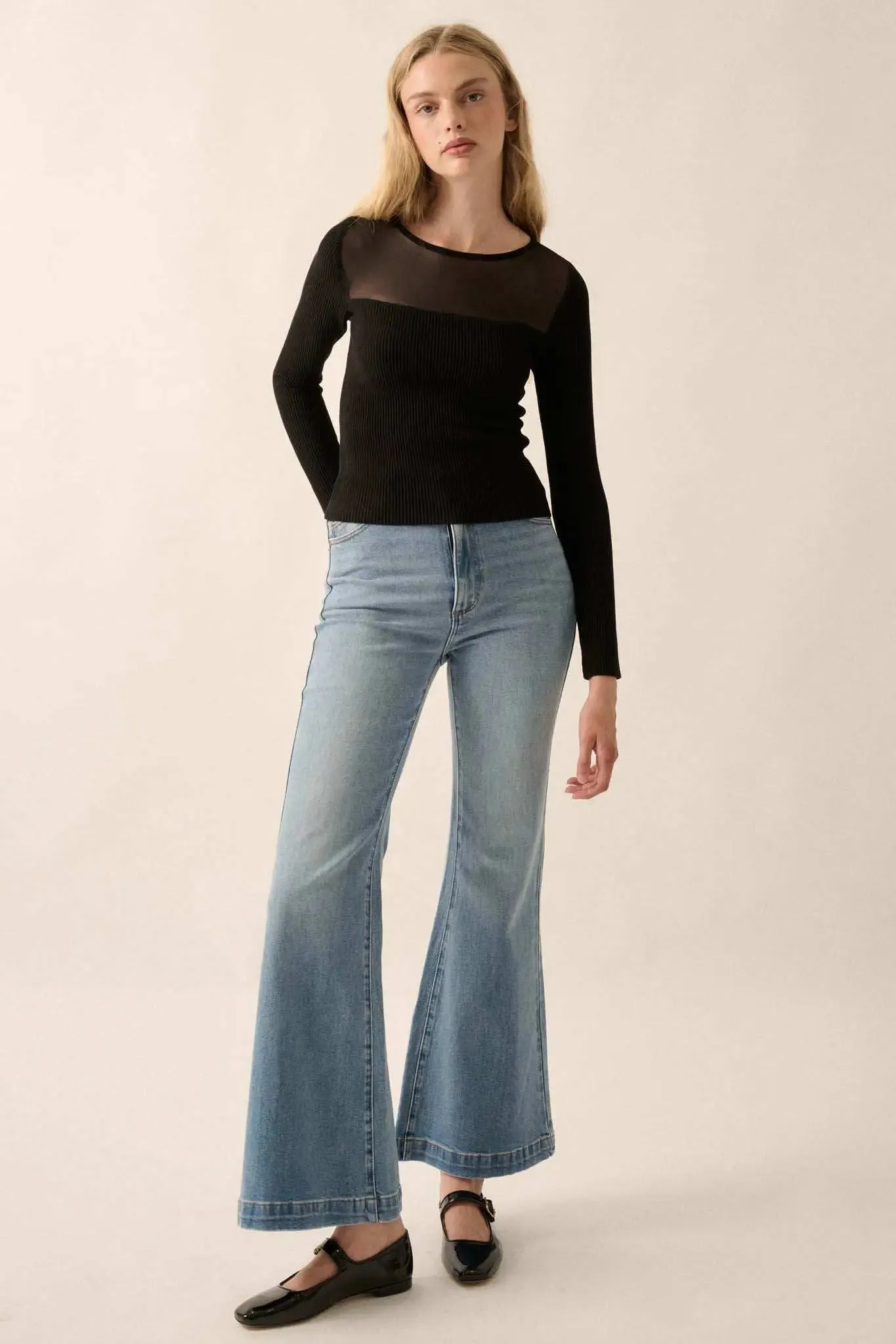 Shaper Fit Mesh Yoke Ribbed Knit Top sold by Promesa product image thumbnail 3