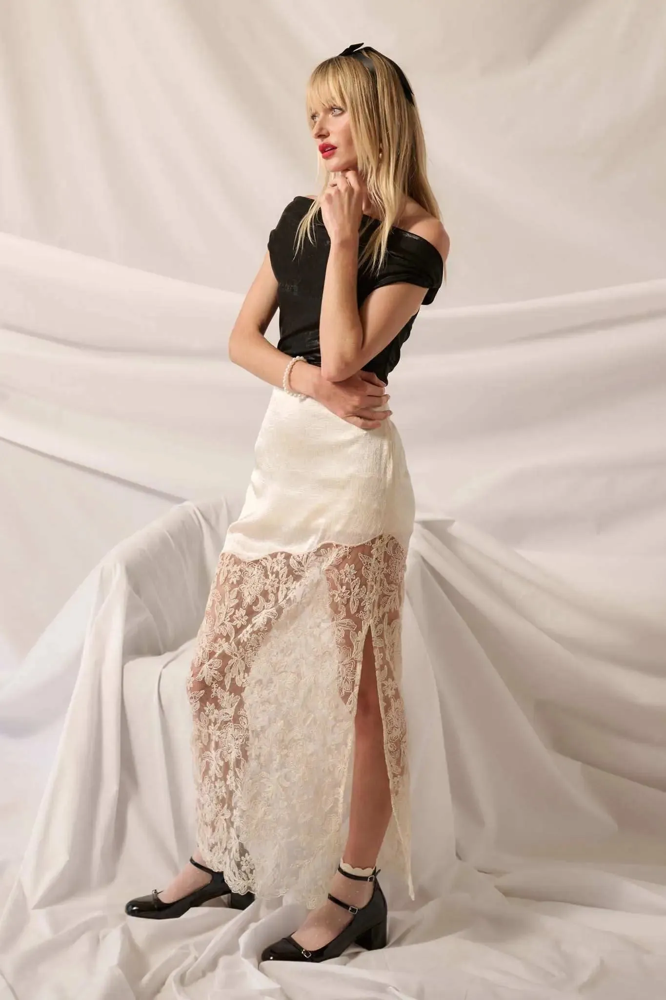 Icy Petals Satin and Floral Lace Maxi Skirt sold by Promesa product image thumbnail 5