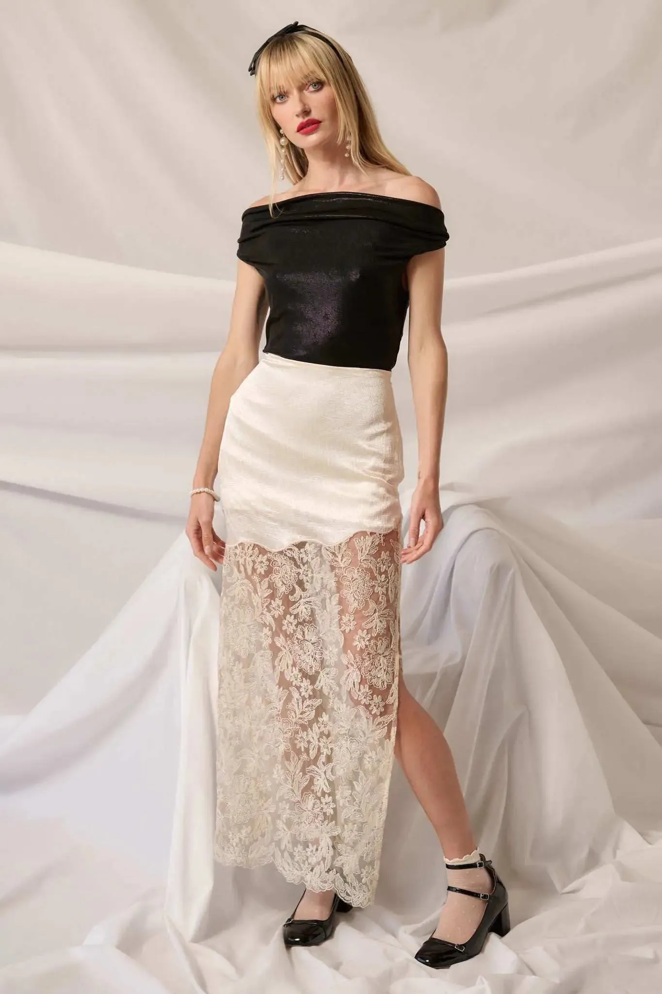 Icy Petals Satin and Floral Lace Maxi Skirt sold by Promesa product image thumbnail 3