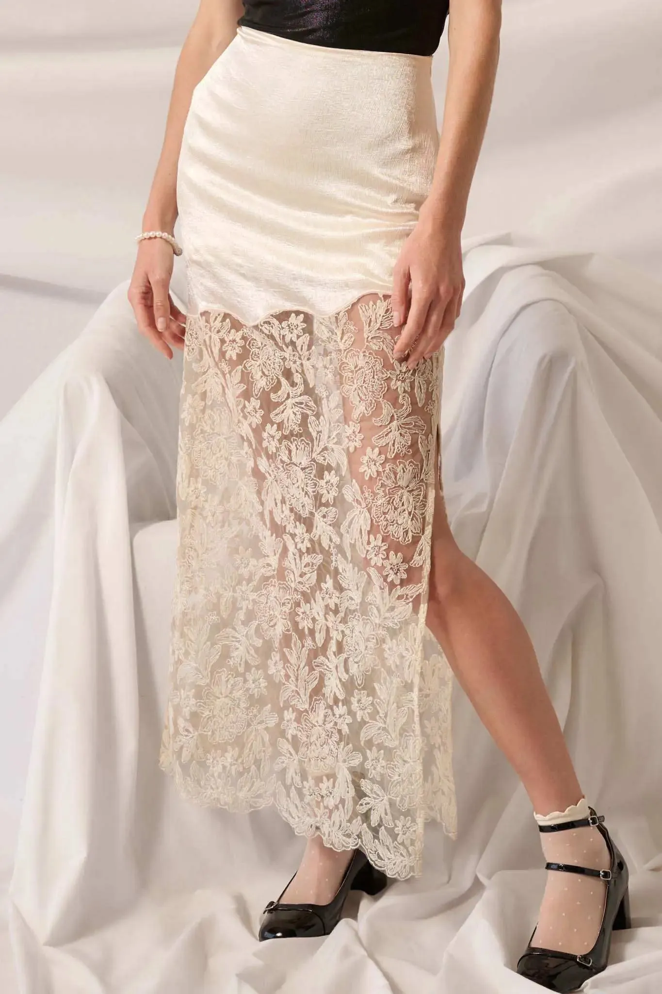 Icy Petals Satin and Floral Lace Maxi Skirt sold by Promesa product image thumbnail 2