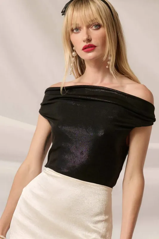 Scene Stealer Metallic Asymmetrical Bodysuit sold by Promesa