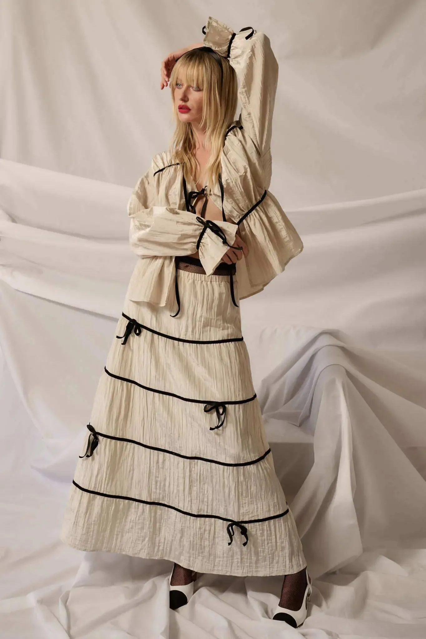 Romantic Dream Velvet-Trim Satin Tiered Maxi Skirt sold by Promesa product image thumbnail 4