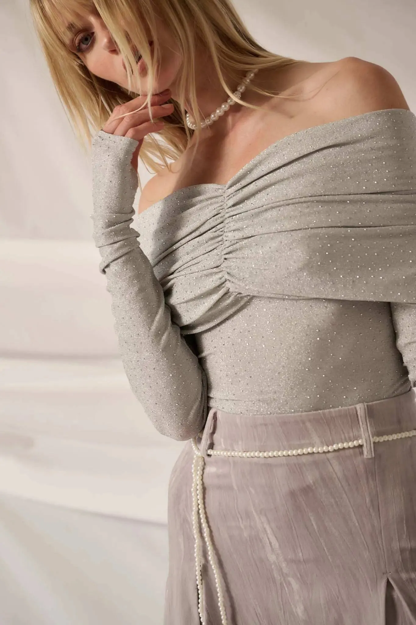 Light Years Studded Metallic Off-Shoulder Top sold by Promesa