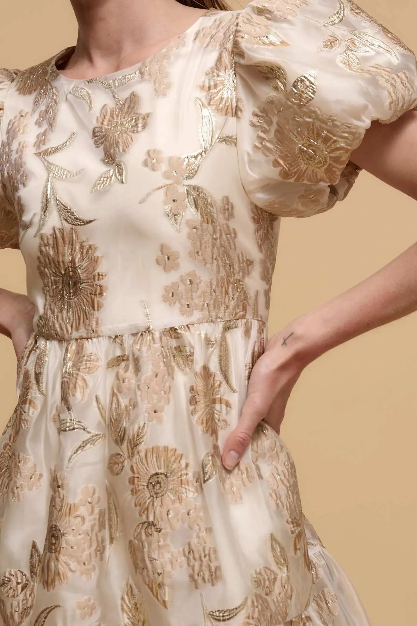 Golden Grove Metallic Floral Brocade Mini Dress sold by Promesa product image thumbnail 4