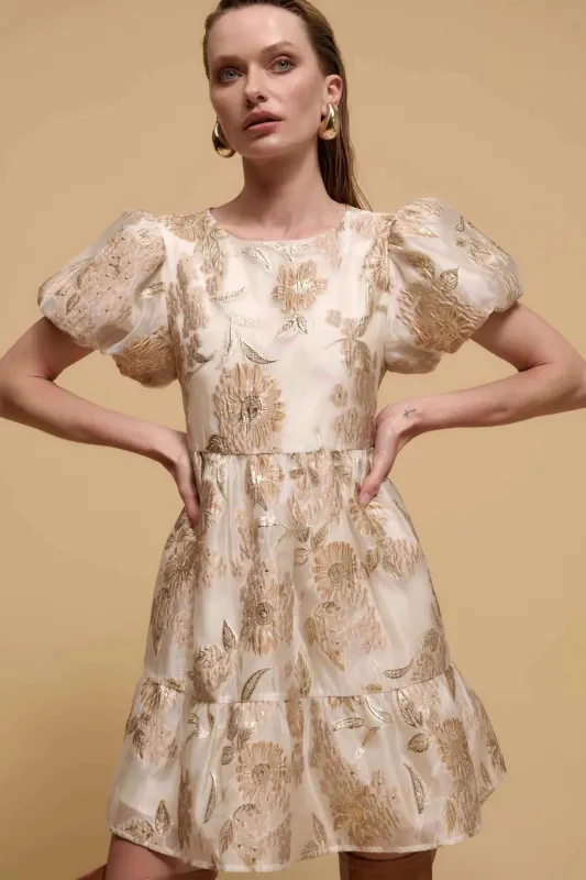 Golden Grove Metallic Floral Brocade Mini Dress sold by Promesa