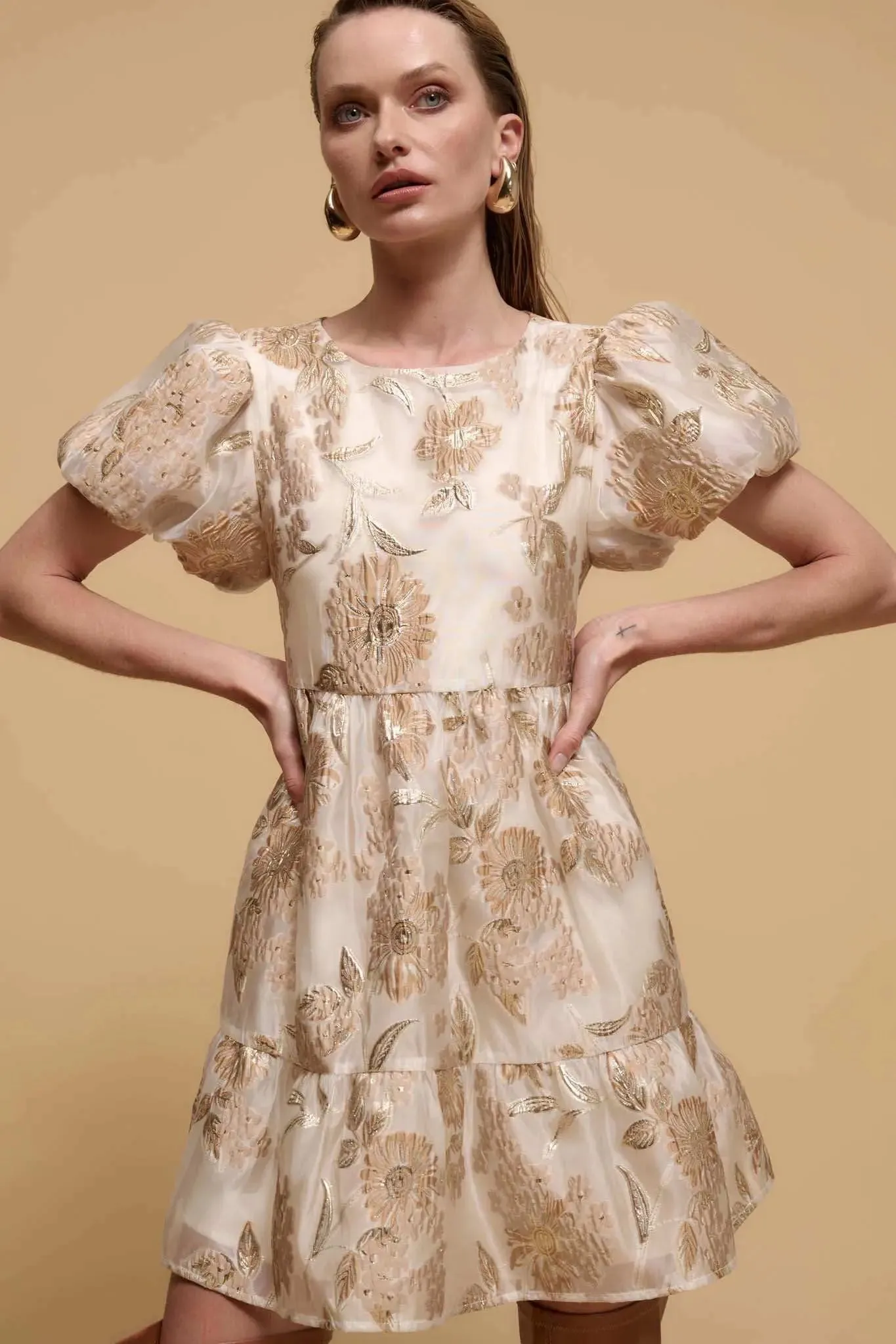 Golden Grove Metallic Floral Brocade Mini Dress sold by Promesa