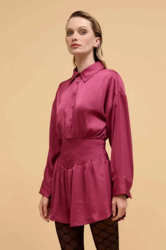 Silky Sensation Striped Satin Smocked Shirt Romper sold by Promesa