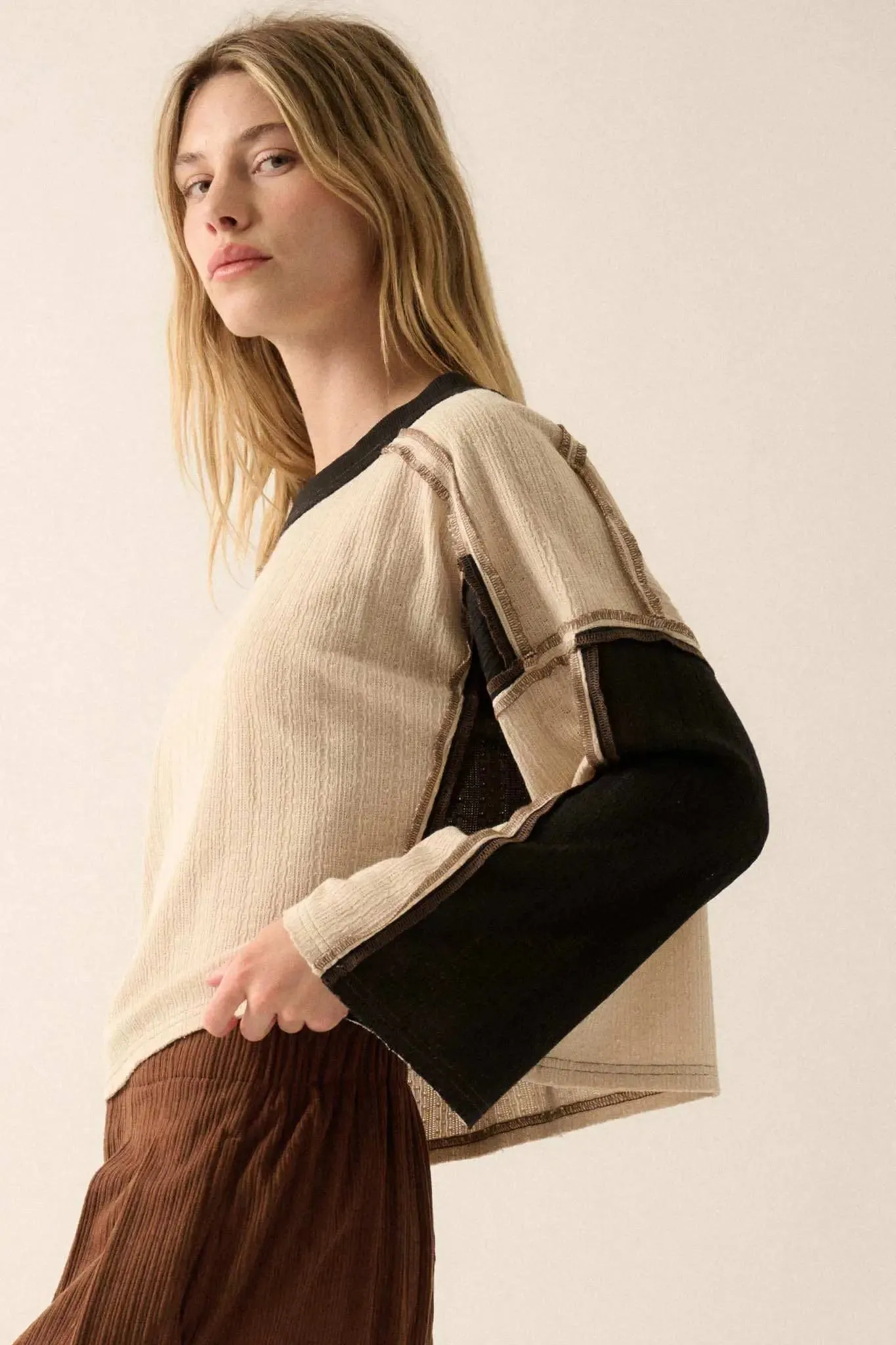 Block Party Exposed-Seam Patchwork Knit Top sold by Promesa product image thumbnail 2