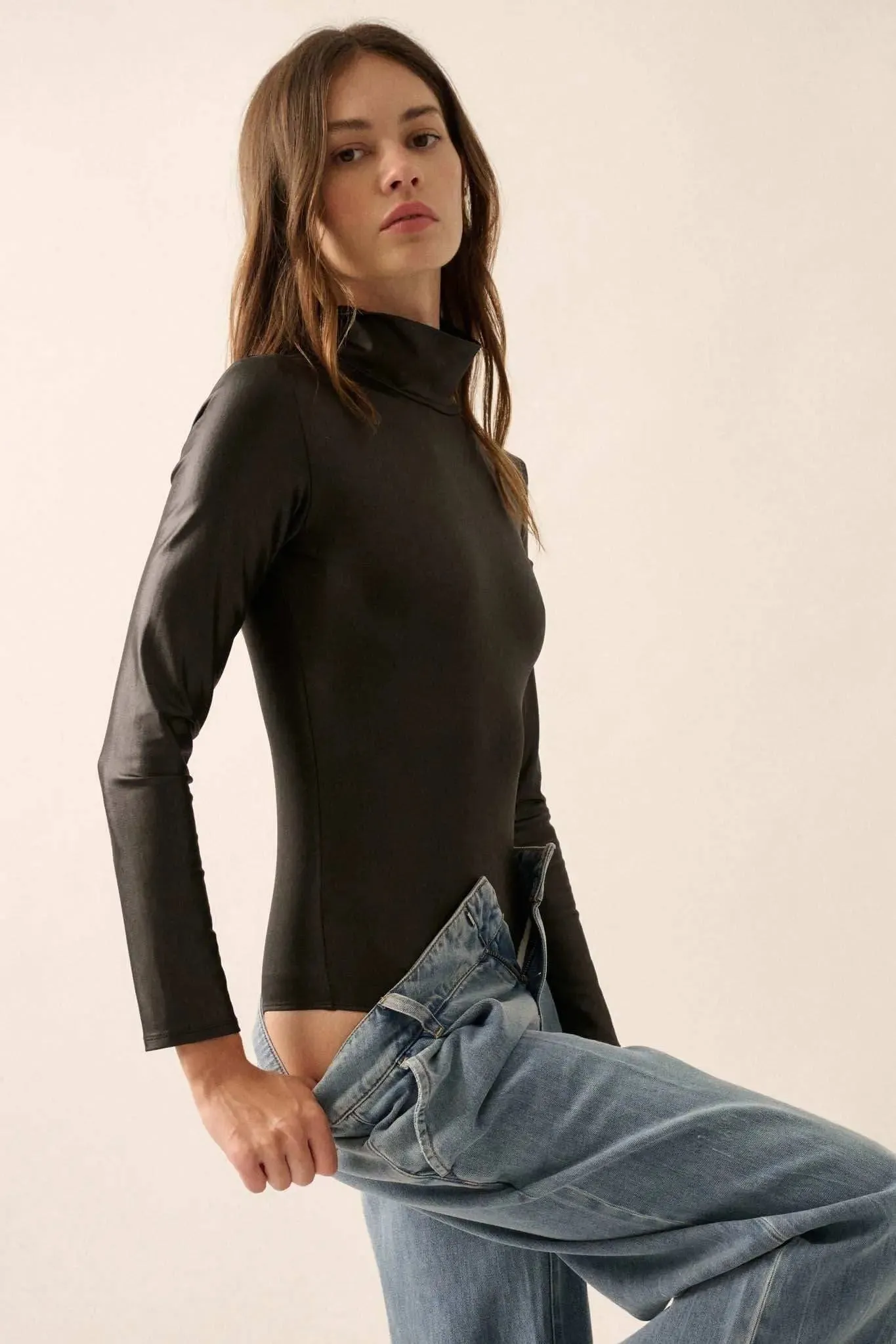 Sleek Attack Liquid Leather Mock-Neck Bodysuit sold by Promesa product image thumbnail 2