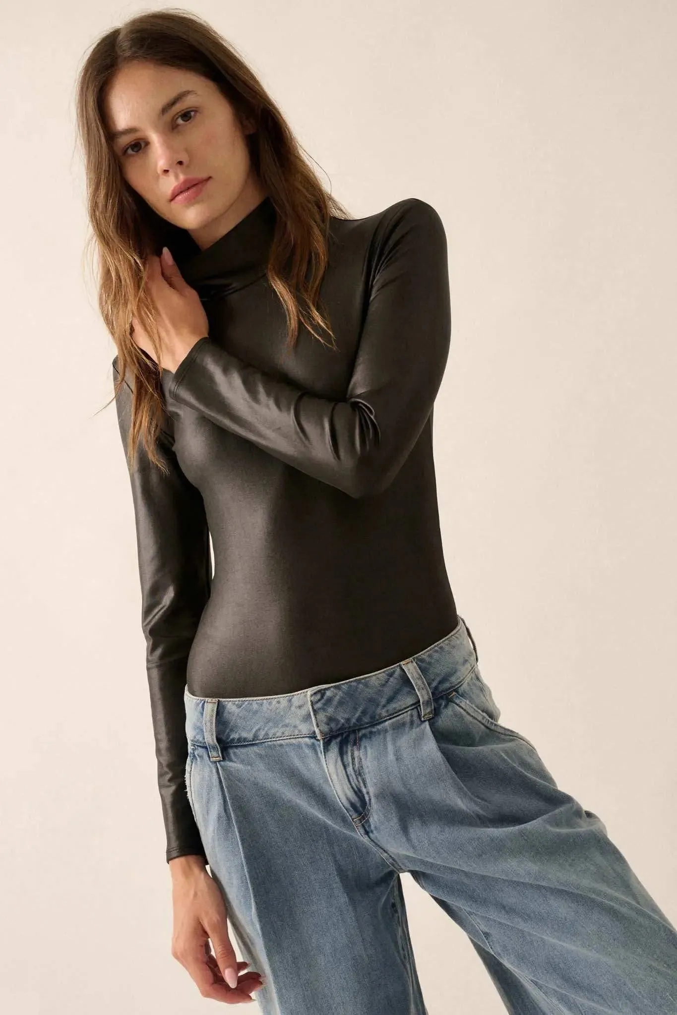 Sleek Attack Liquid Leather Mock-Neck Bodysuit sold by Promesa product image thumbnail 4