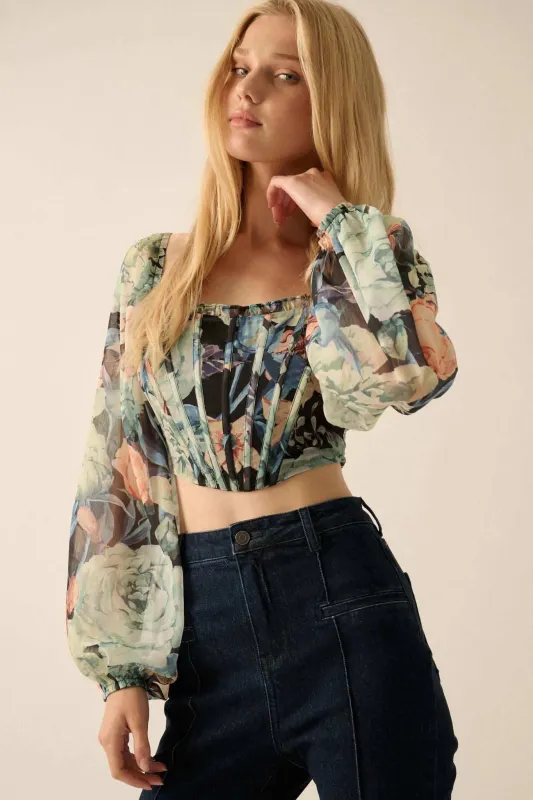 Belle Blossoms Floral Chiffon Cropped Corset Top sold by Promesa
