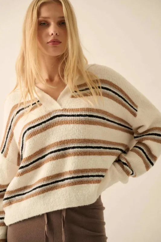 First in Line Striped Split-Neck Collared Sweater sold by Promesa