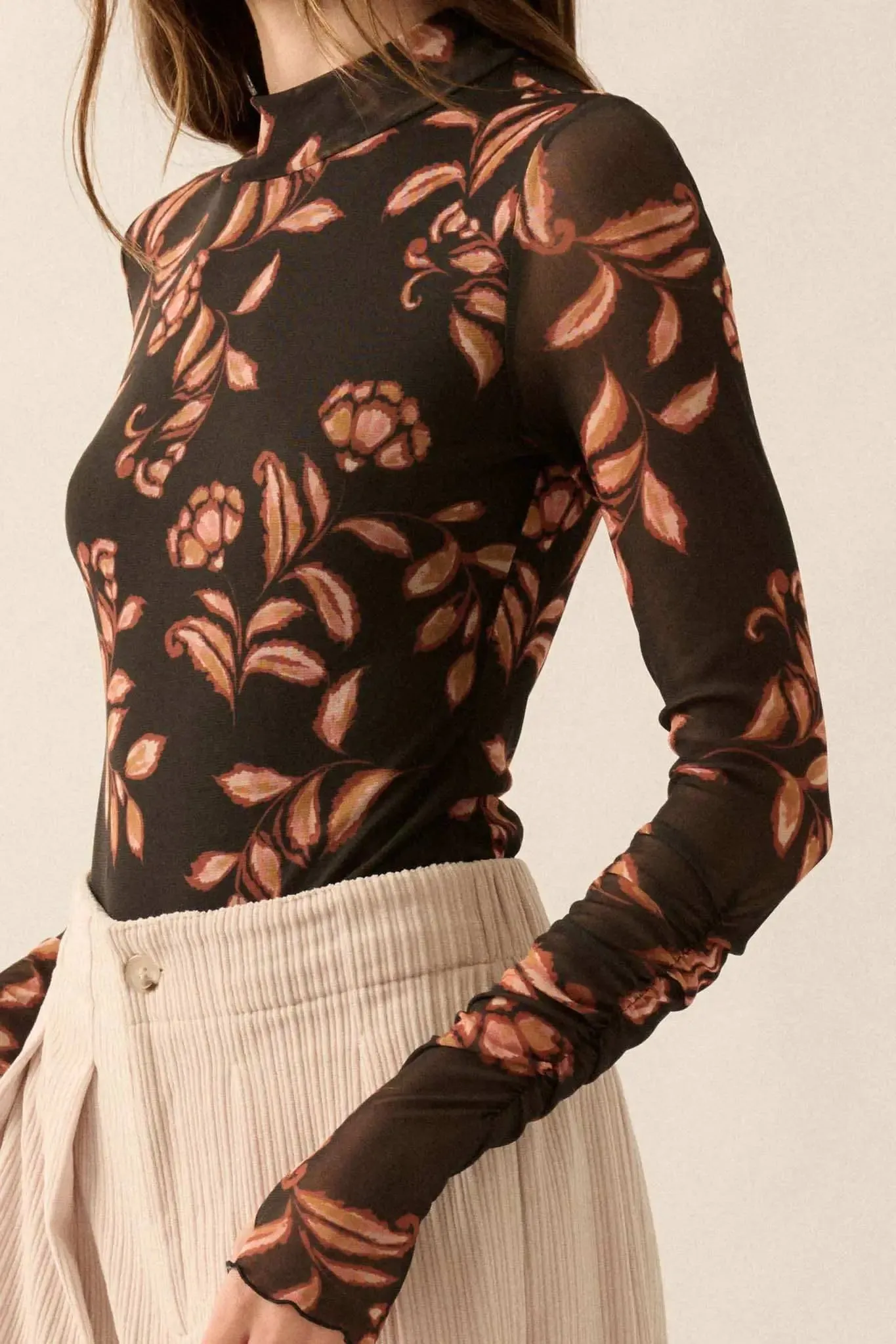 Festive Fall Floral Mesh Thumbhole Bodysuit sold by Promesa product image thumbnail 4