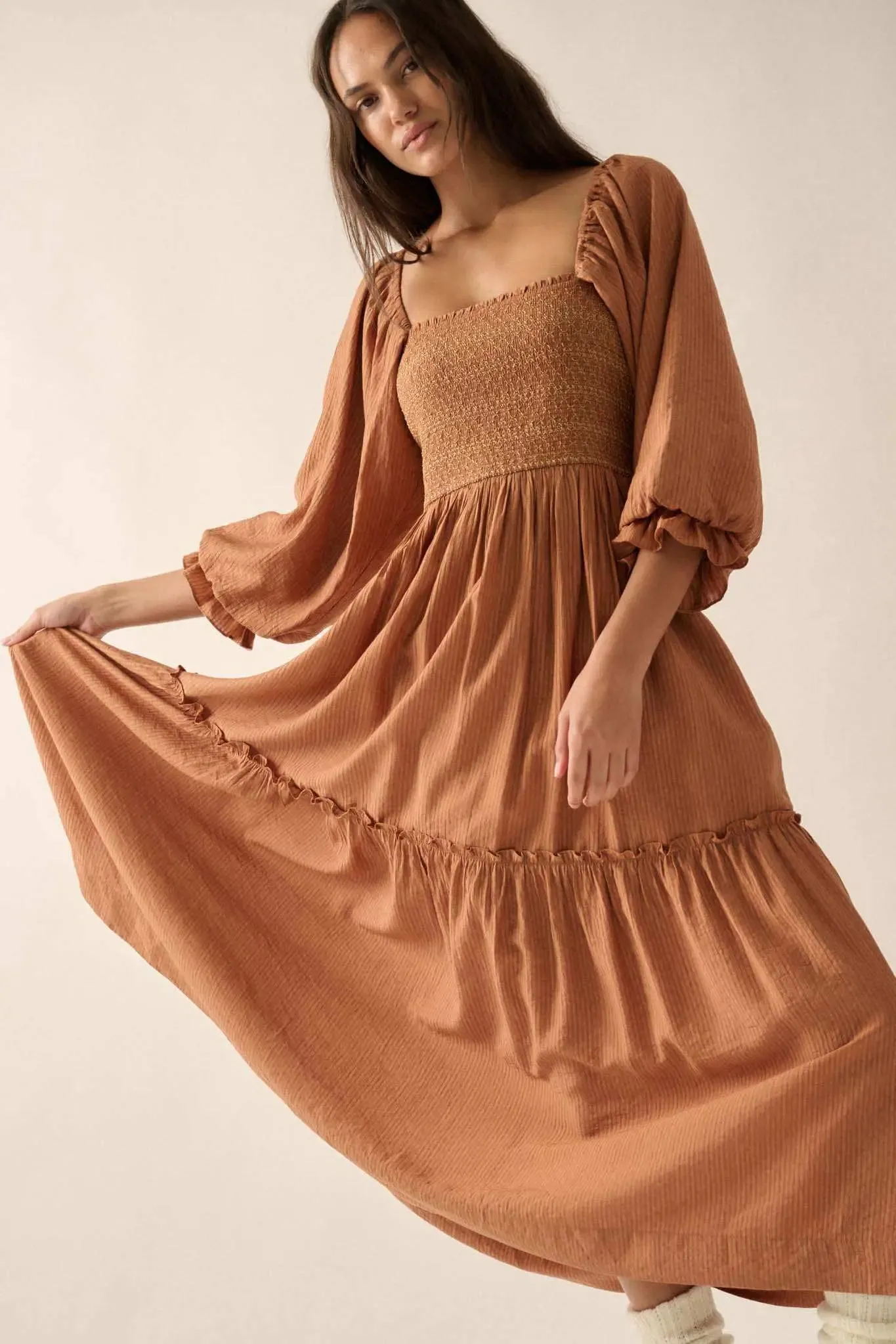 Autumn Sunset Smocked Midi Peasant Dress sold by Promesa