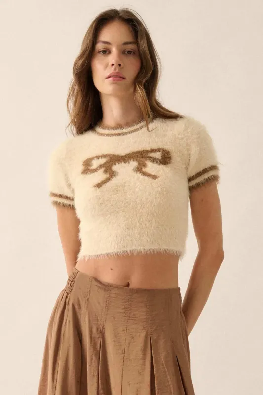 Bow Me Away Fuzzy Knit Short-Sleeve Sweater sold by Promesa
