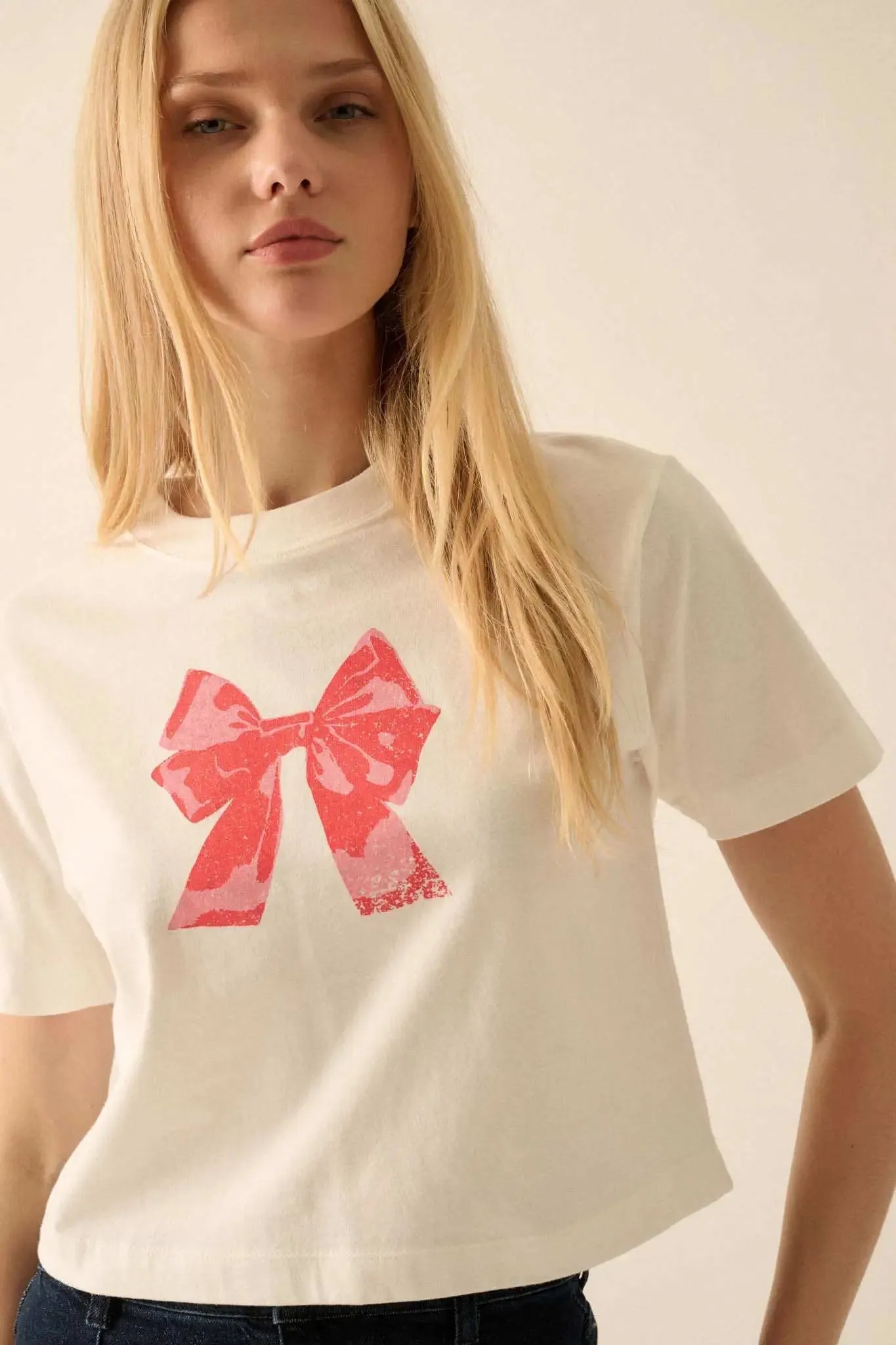 Present Time Cropped Vintage-Print Bow Graphic Tee sold by Promesa