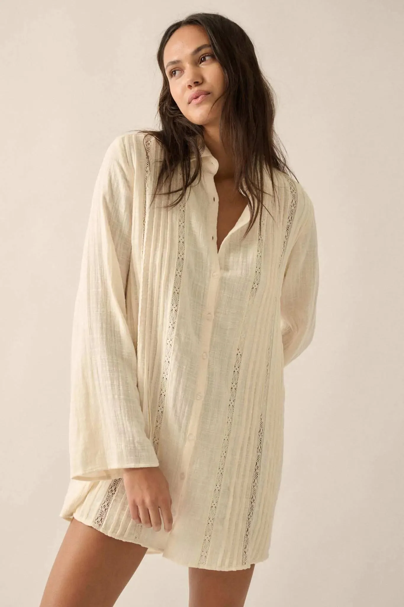 Free to Be Pleated Lace-Trim Mini Shirt Dress sold by Promesa
