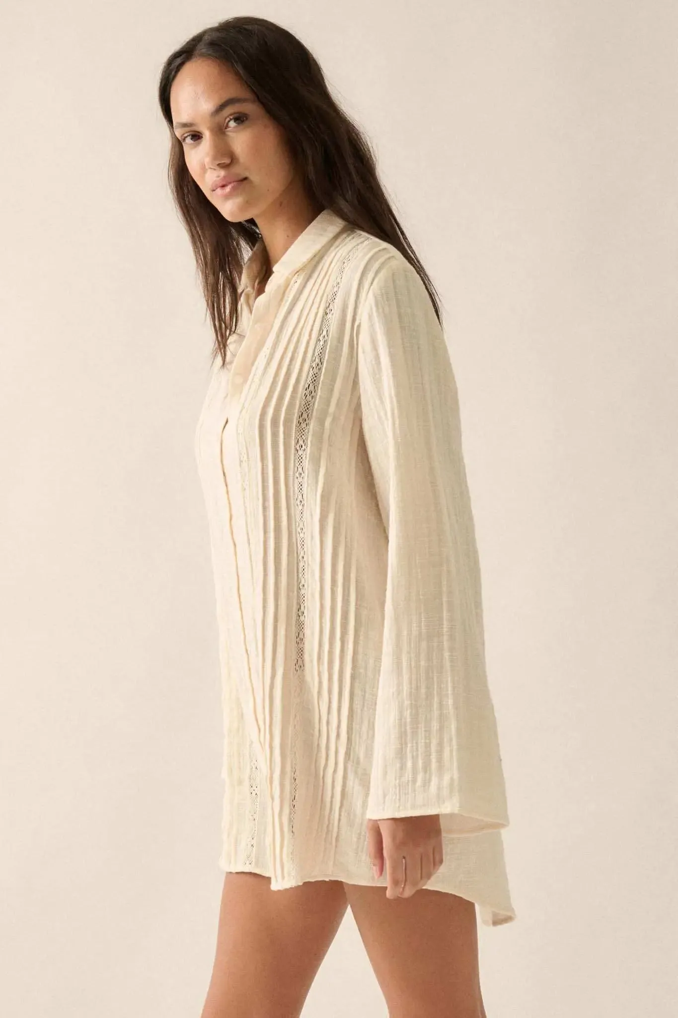 Free to Be Pleated Lace-Trim Mini Shirt Dress sold by Promesa product image thumbnail 5