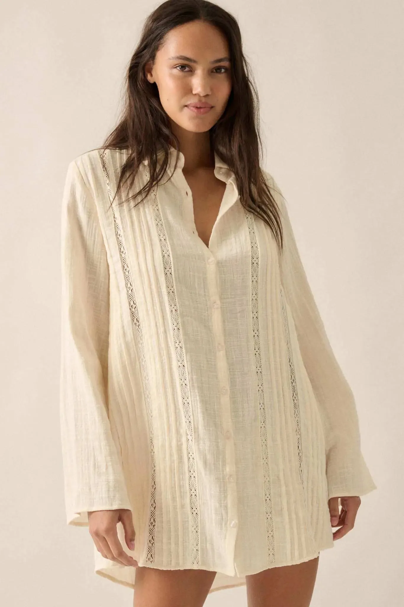 Free to Be Pleated Lace-Trim Mini Shirt Dress sold by Promesa product image thumbnail 4