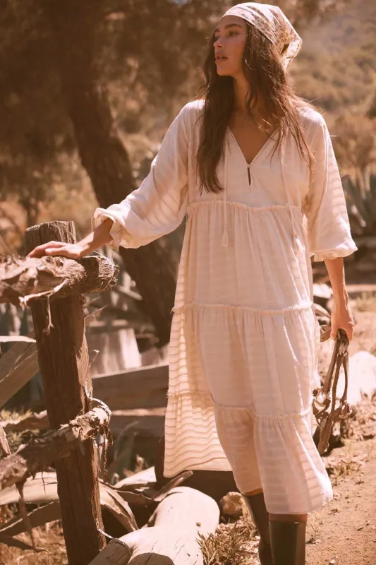 Begin Again Tiered Tonal-Stripe Midi Prairie Dress sold by Promesa