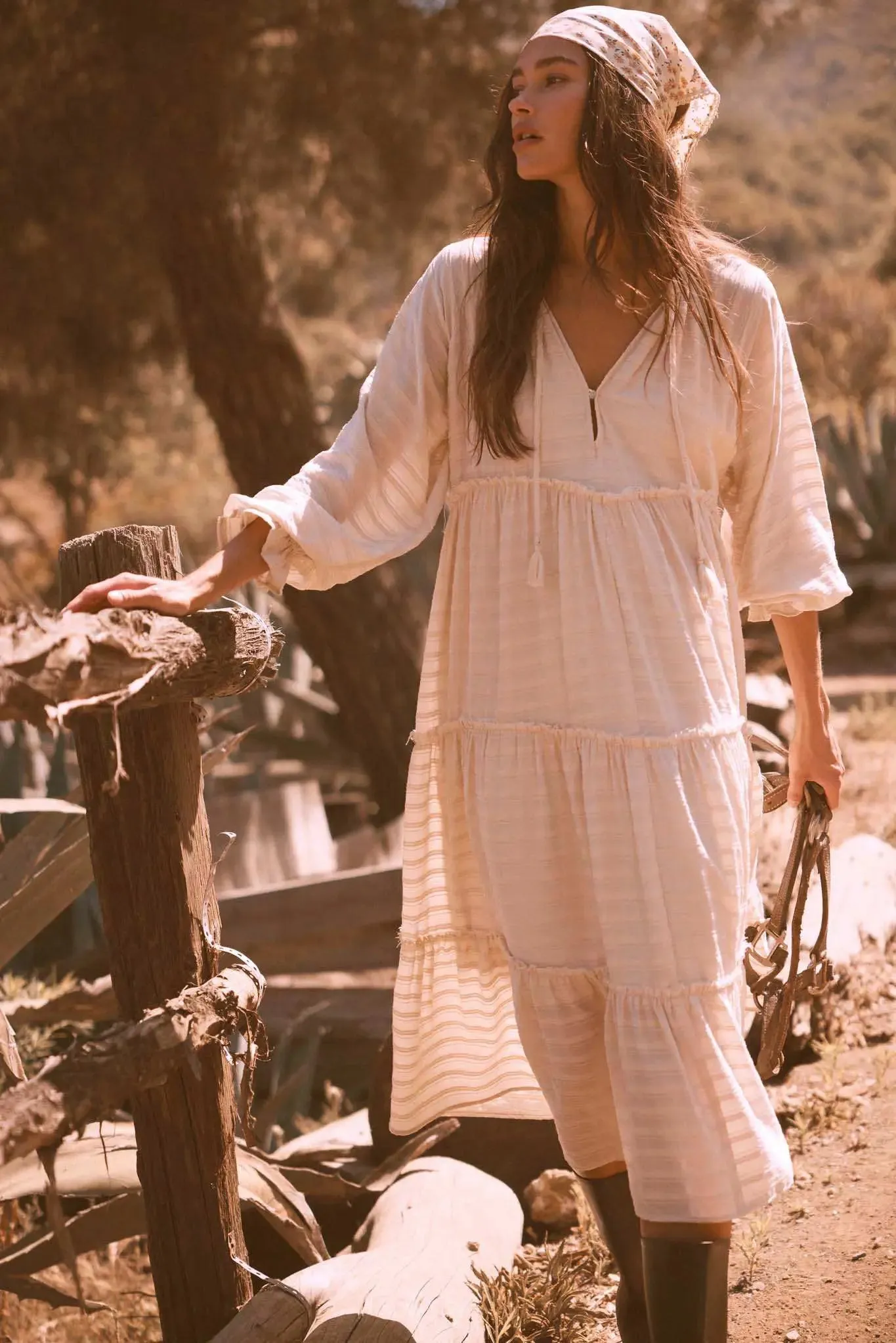 Begin Again Tiered Tonal-Stripe Midi Prairie Dress sold by Promesa