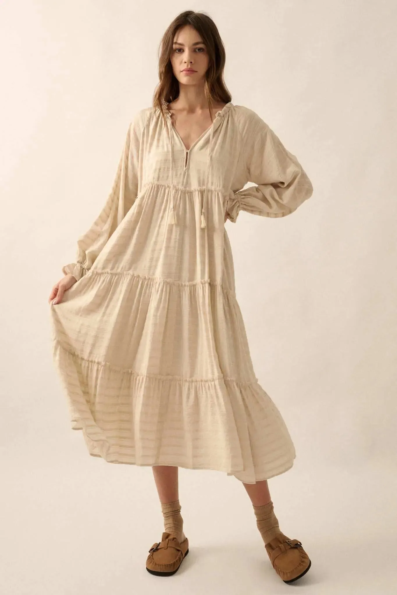 Begin Again Tiered Tonal-Stripe Midi Prairie Dress sold by Promesa product image thumbnail 4
