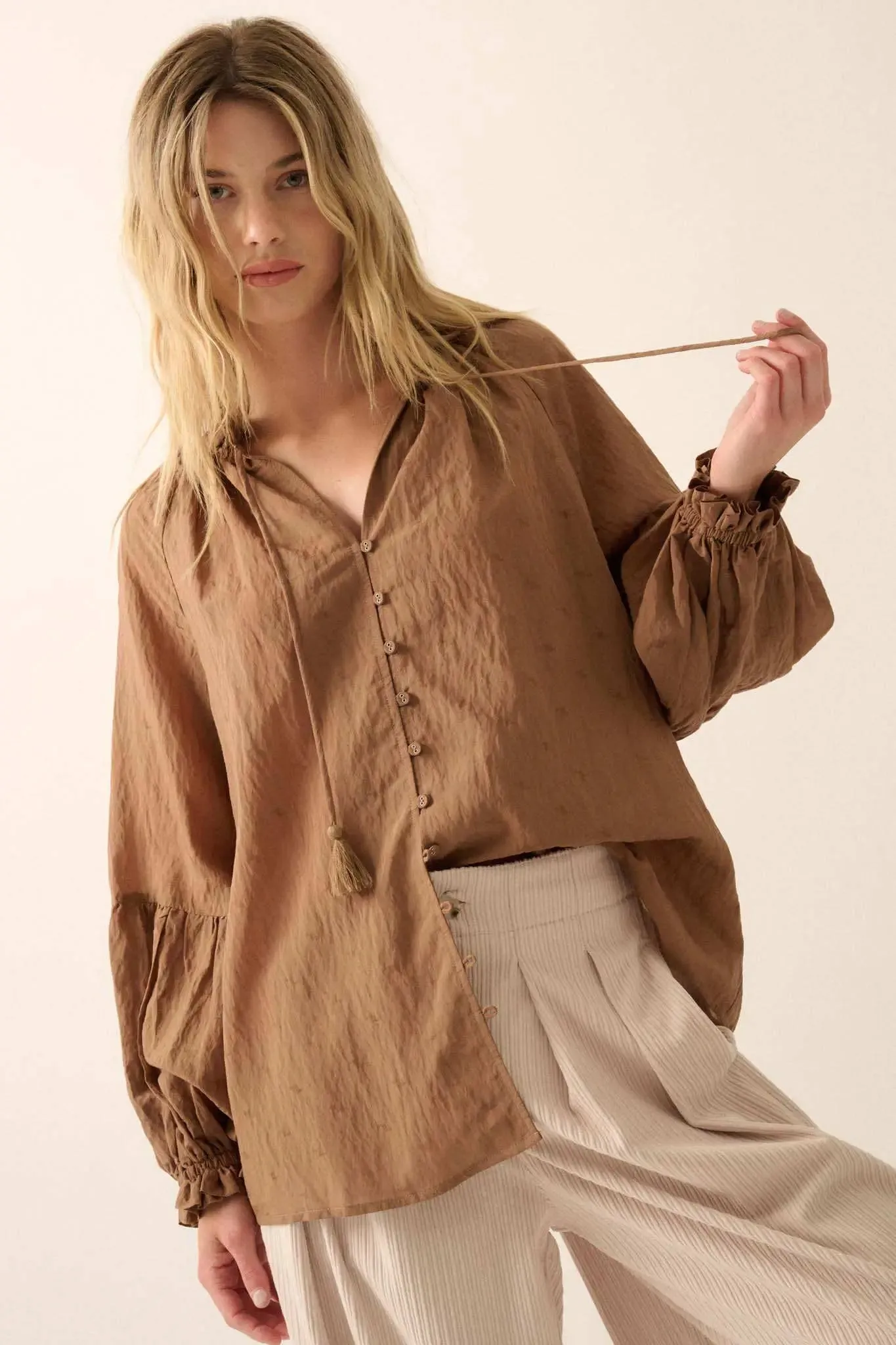 Poetic Soul Buttoned Jacquard Tie-Neck Peasant Top sold by Promesa product image thumbnail 4