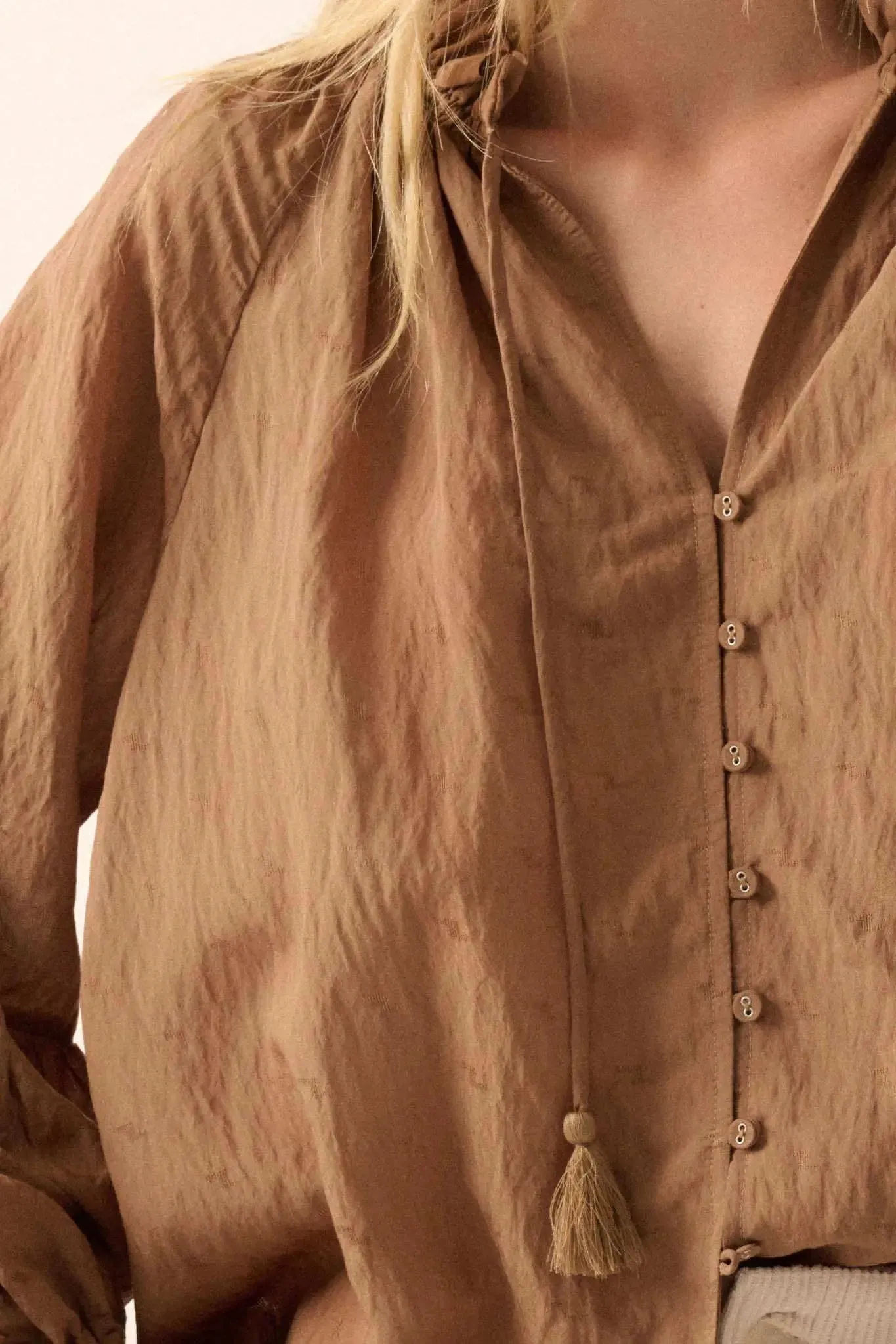 Poetic Soul Buttoned Jacquard Tie-Neck Peasant Top sold by Promesa product image thumbnail 5