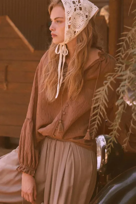 Poetic Soul Buttoned Jacquard Tie-Neck Peasant Top made by Promesa