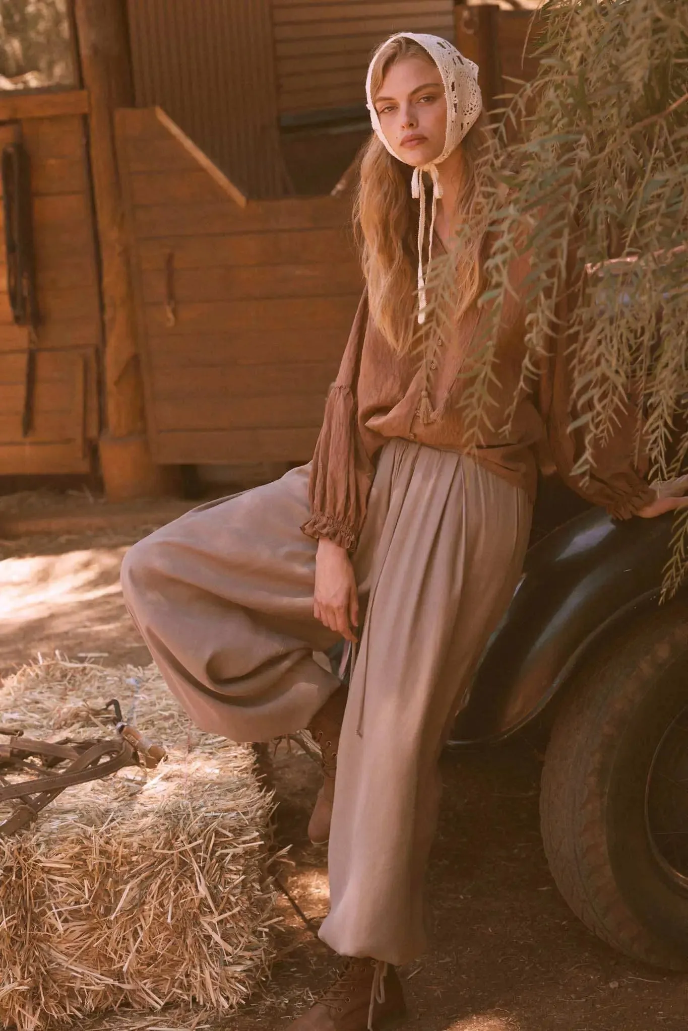 Poetic Soul Buttoned Jacquard Tie-Neck Peasant Top sold by Promesa product image thumbnail 2