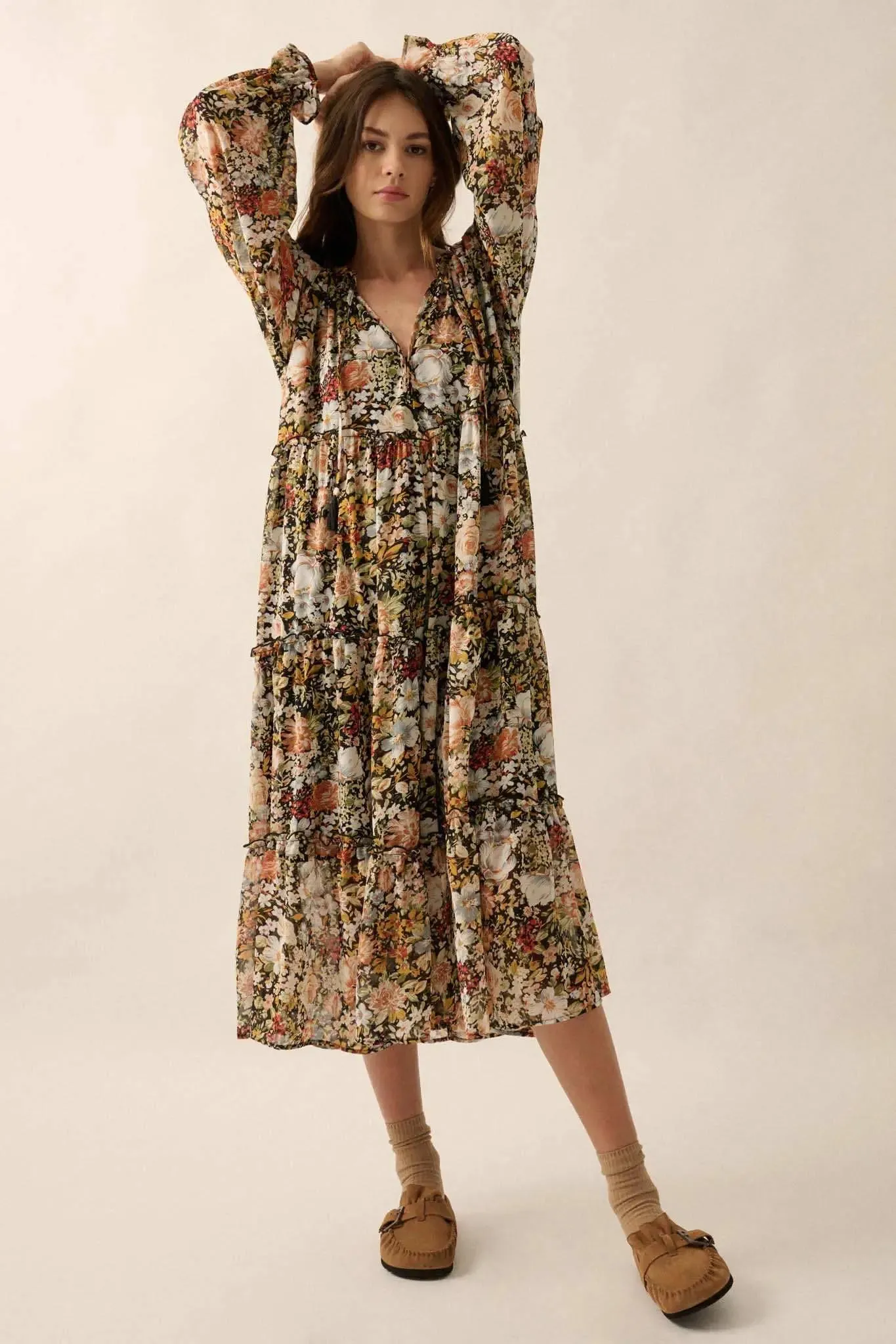 Blooming Harvest Tiered Floral Midi Prairie Dress sold by Promesa product image thumbnail 4