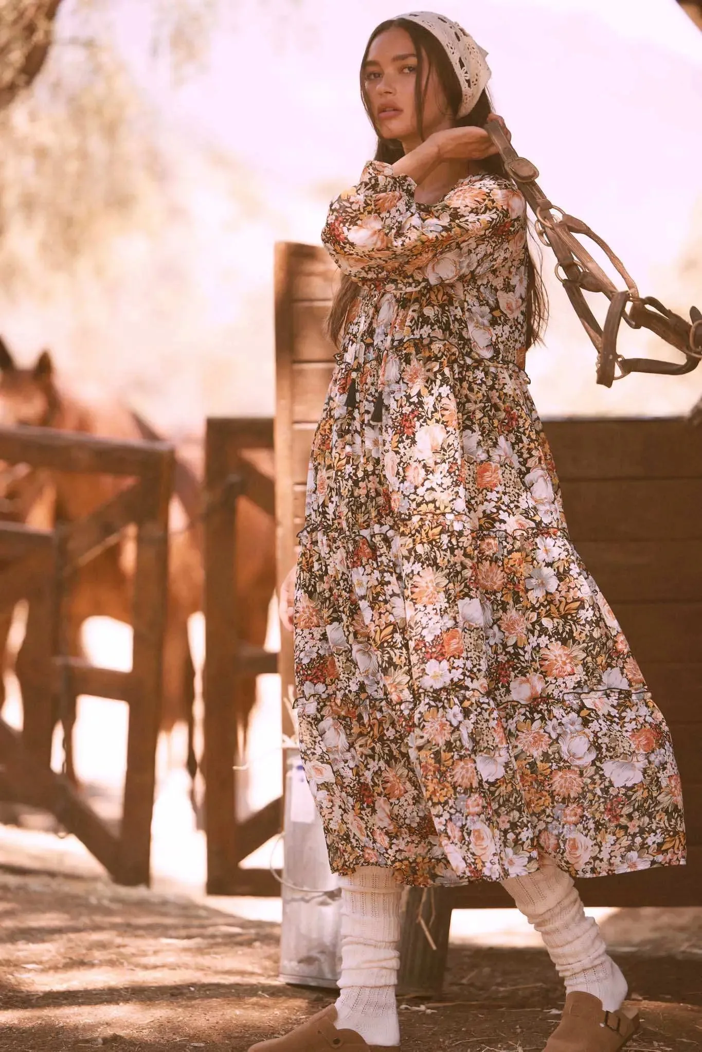 Blooming Harvest Tiered Floral Midi Prairie Dress sold by Promesa