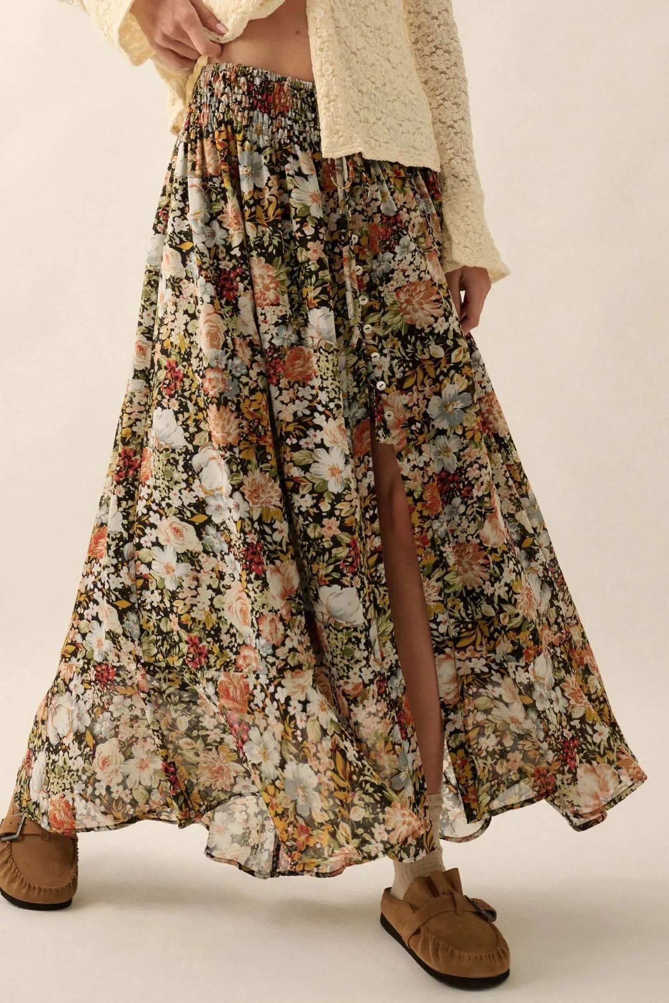 Autumn Bouquet Floral Chiffon Button-Front Maxi Skirt sold by Promesa product image thumbnail 5