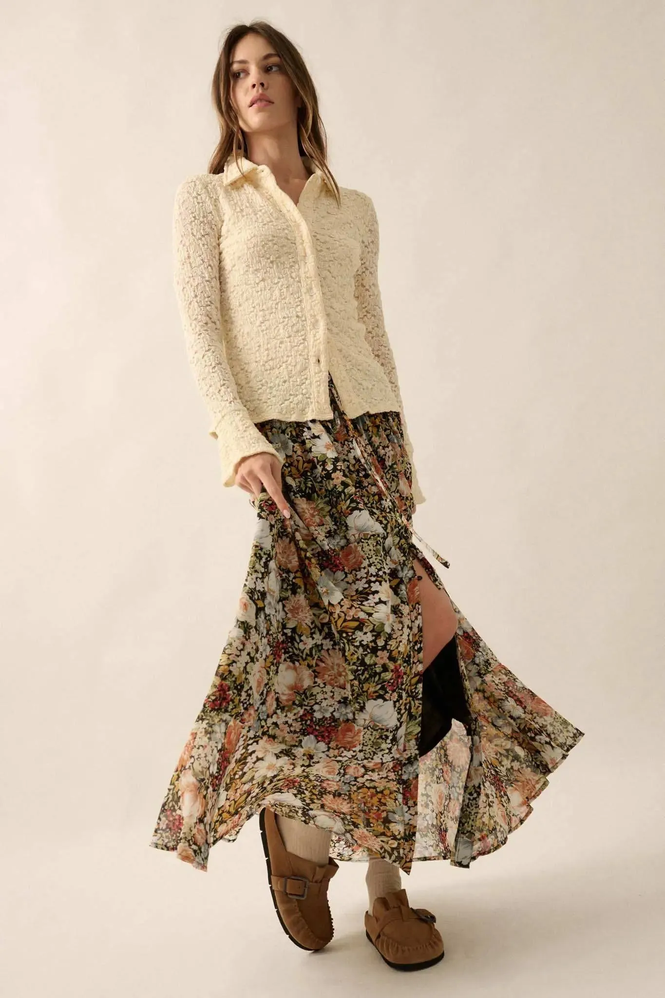 Autumn Bouquet Floral Chiffon Button-Front Maxi Skirt sold by Promesa product image thumbnail 4